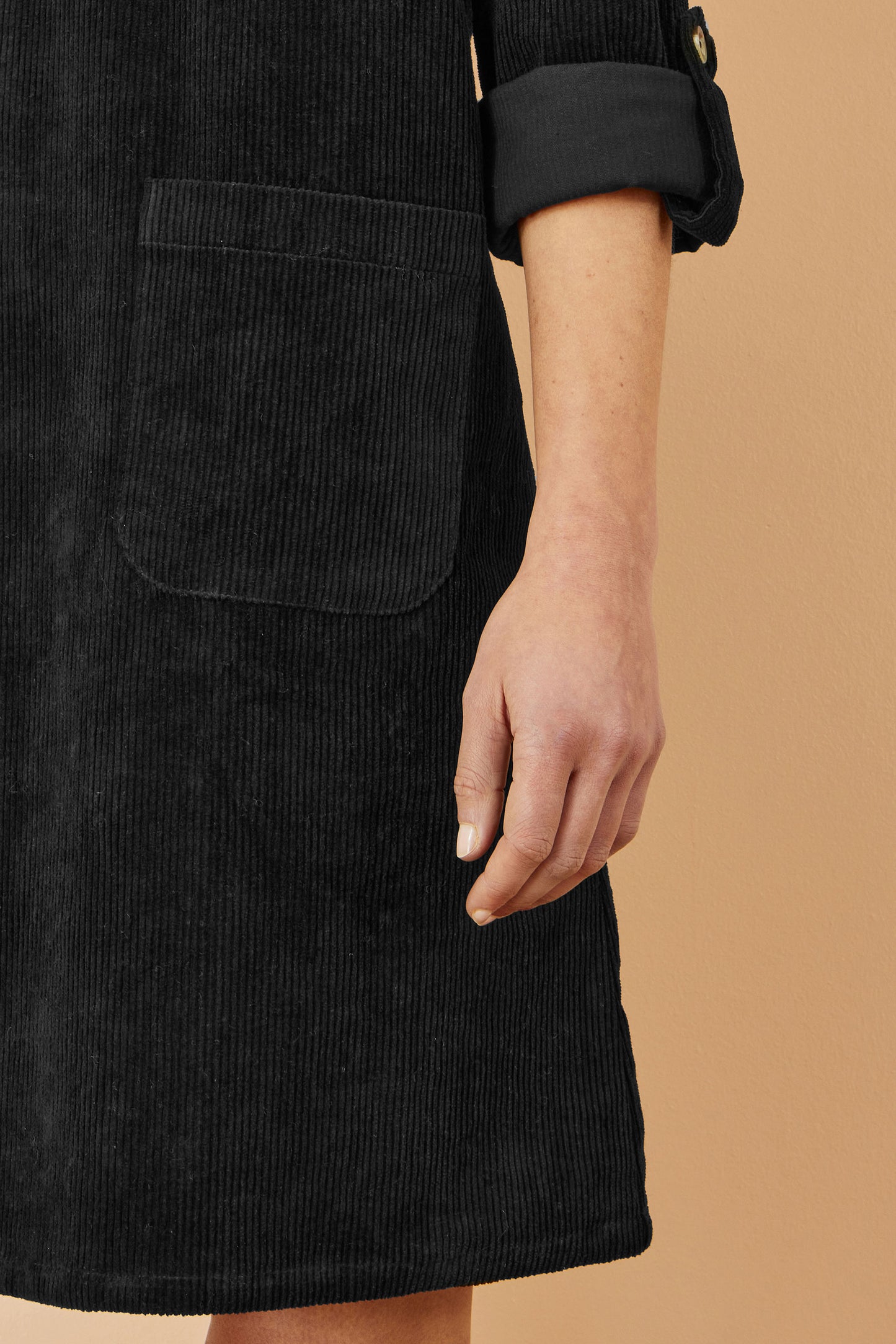 Yumi Black Cord Tunic Dress With 3/4 Sleeves And Pockets Dress Casual Yumi