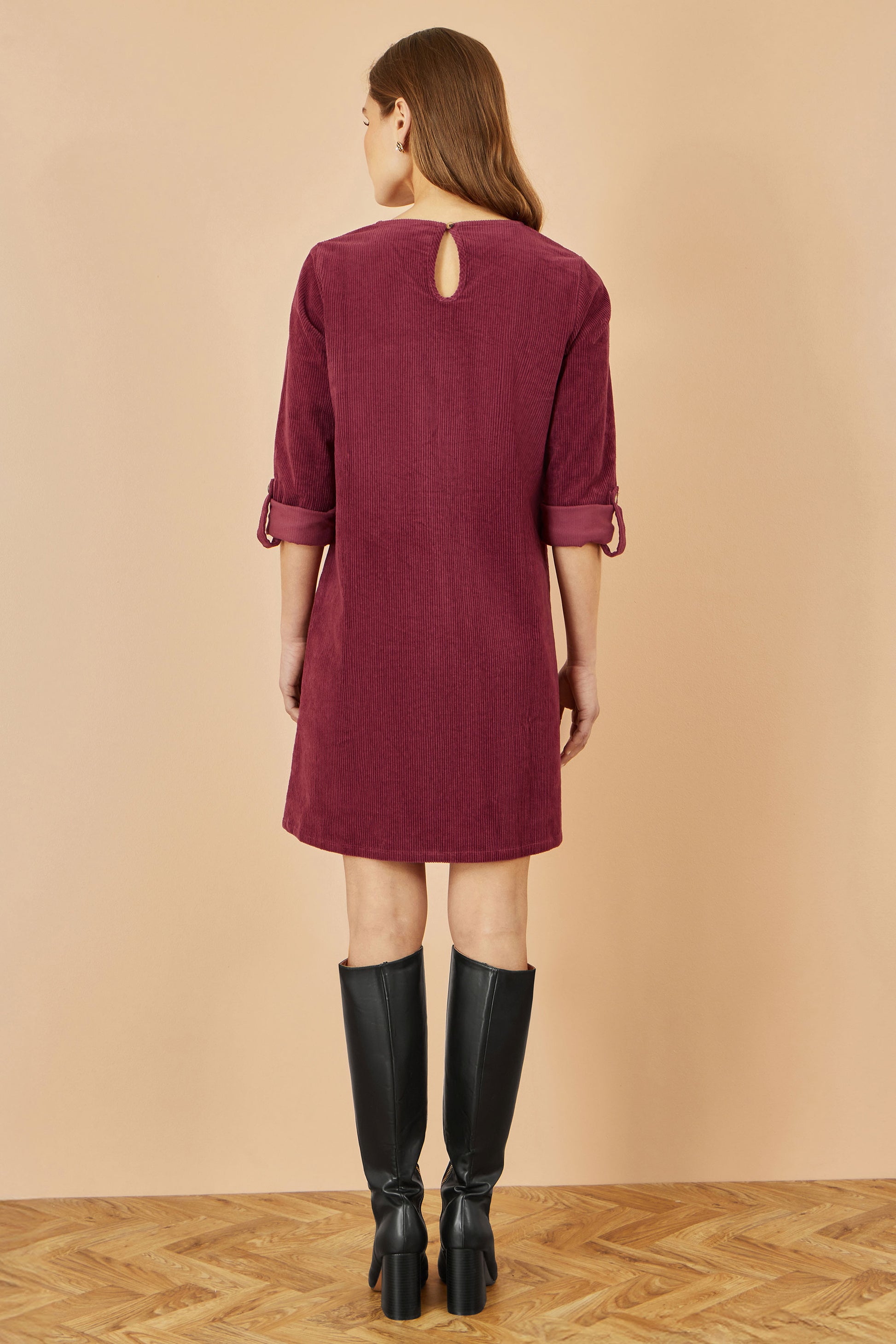 Yumi Burgundy Cord Tunic Dress With 3/4 Sleeves And Pockets Dress Casual Yumi