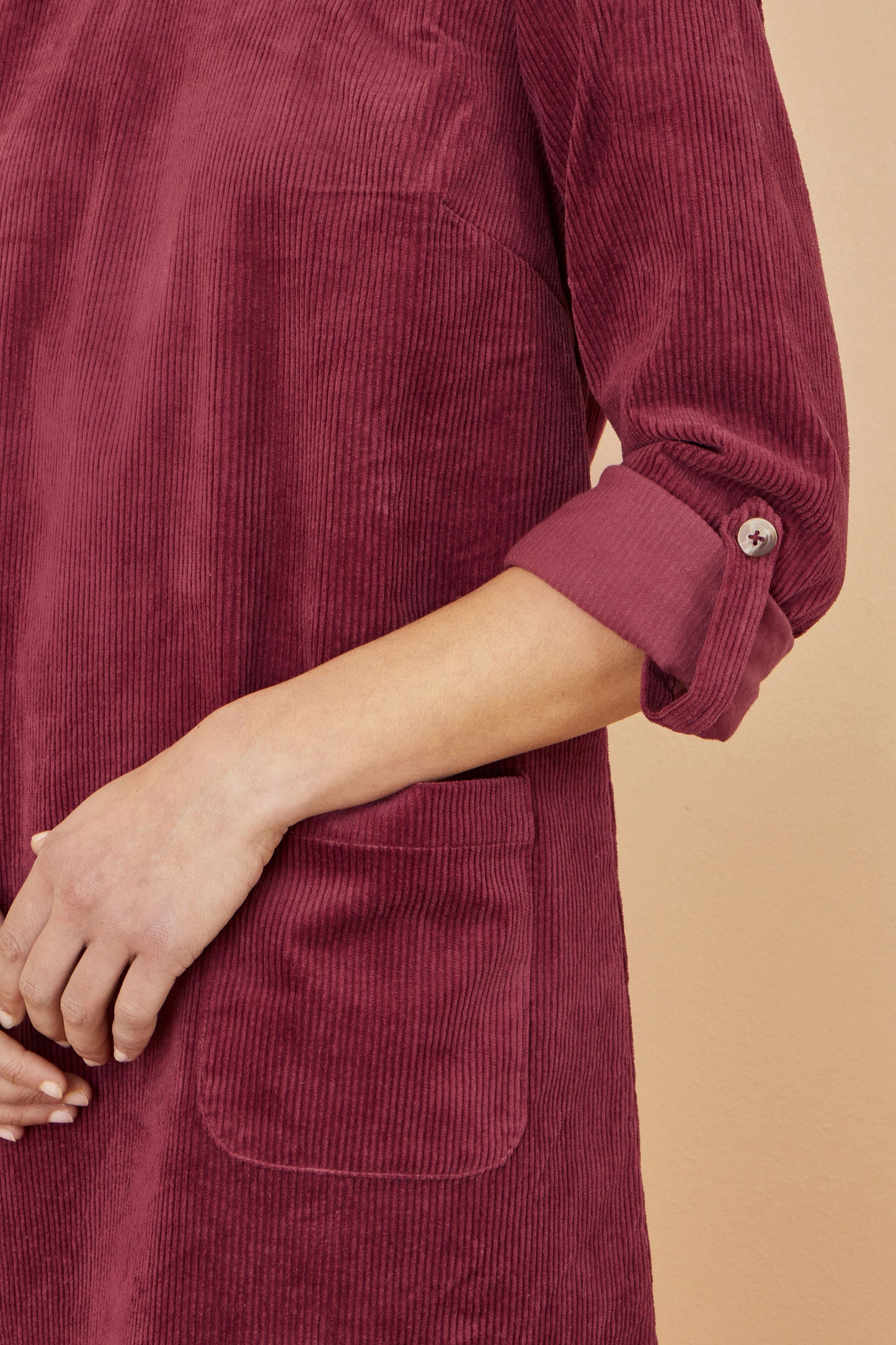 Yumi Burgundy Cord Tunic Dress With 3/4 Sleeves And Pockets Dress Casual Yumi