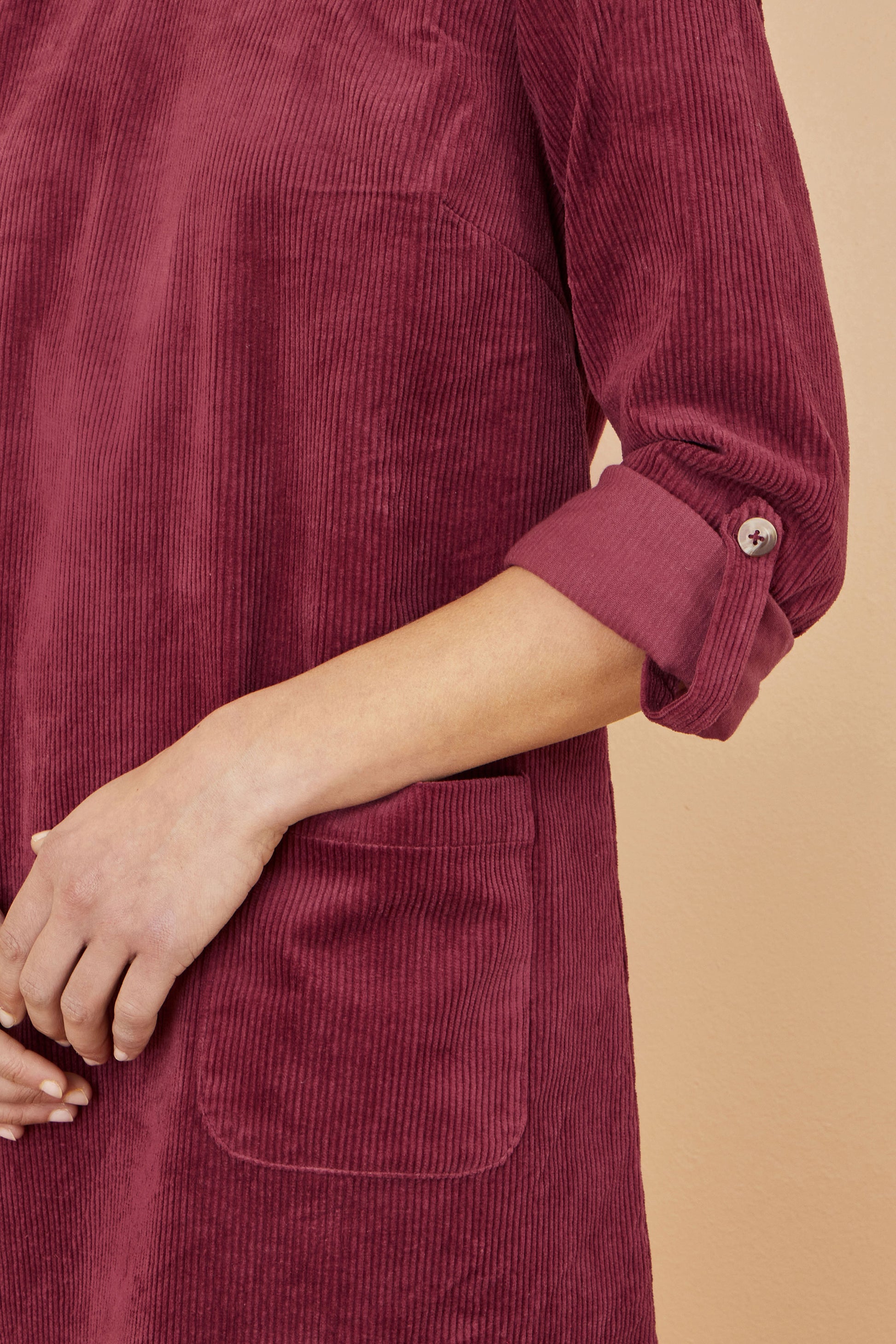 Yumi Burgundy Cord Tunic Dress With 3/4 Sleeves And Pockets Dress Casual Yumi