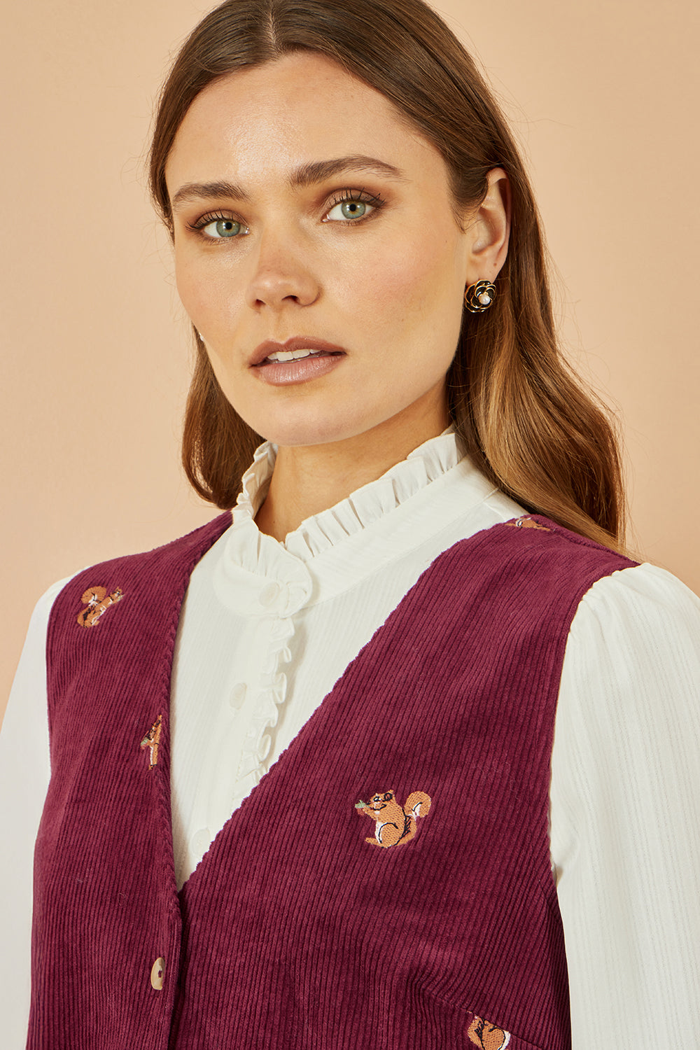 Yumi Burgundy Squirrel Embroidered Button Up Pinafore Dress Dress Casual Yumi
