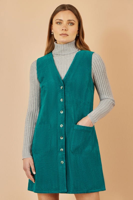 Yumi Teal Cord Button Through Pinafore Dress With Pockets Dress Casual Yumi