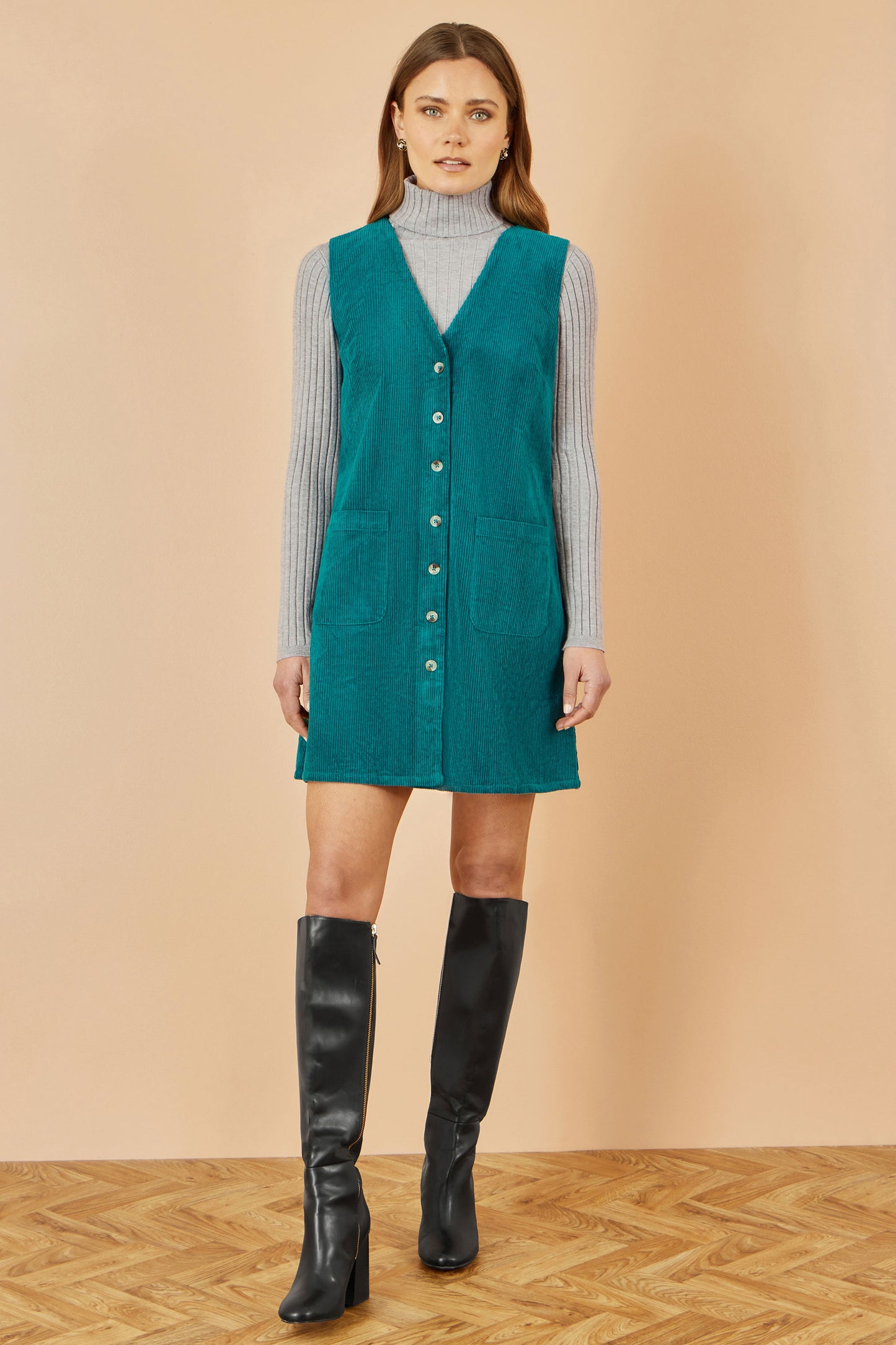 Yumi Teal Cord Button Through Pinafore Dress With Pockets Dress Casual Yumi