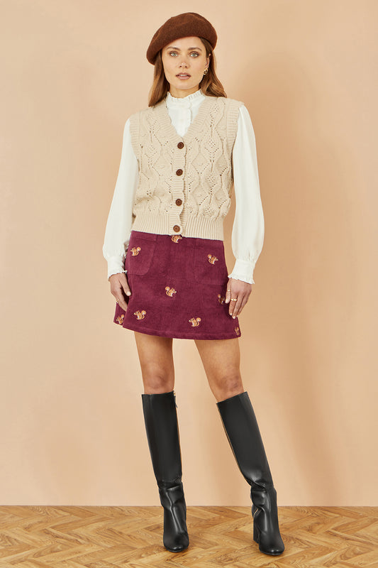 Yumi Burgundy Corduroy Embroidered Squirrel Mini Skirt SKIRT Yumi
