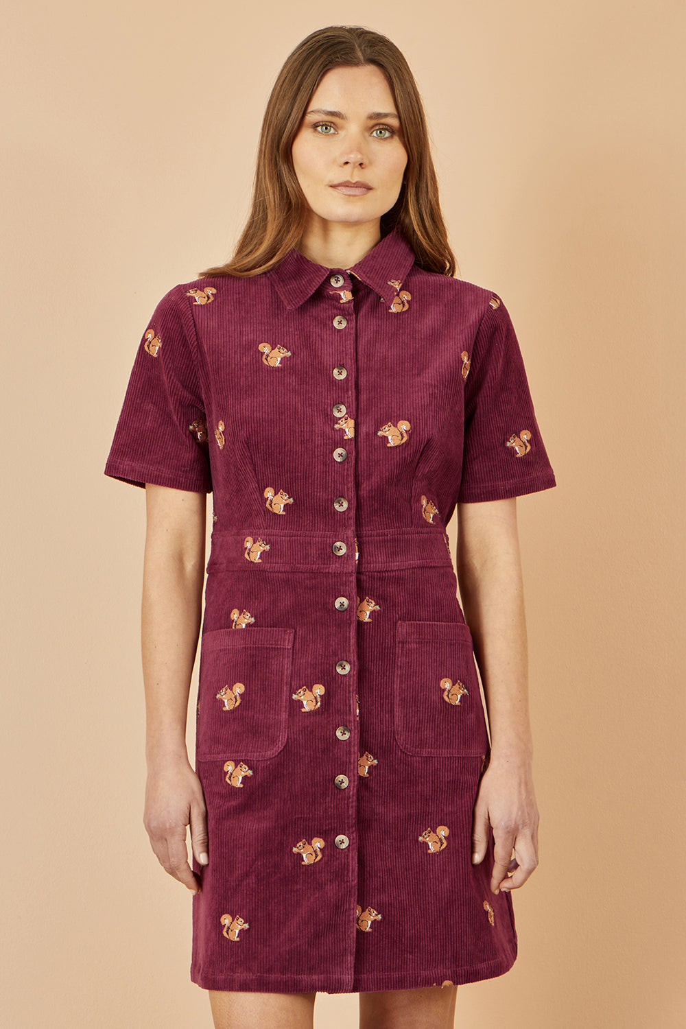Yumi Burgundy Cord Shirt Dress With All Over Squirrel Embroidery Dress Casual Yumi