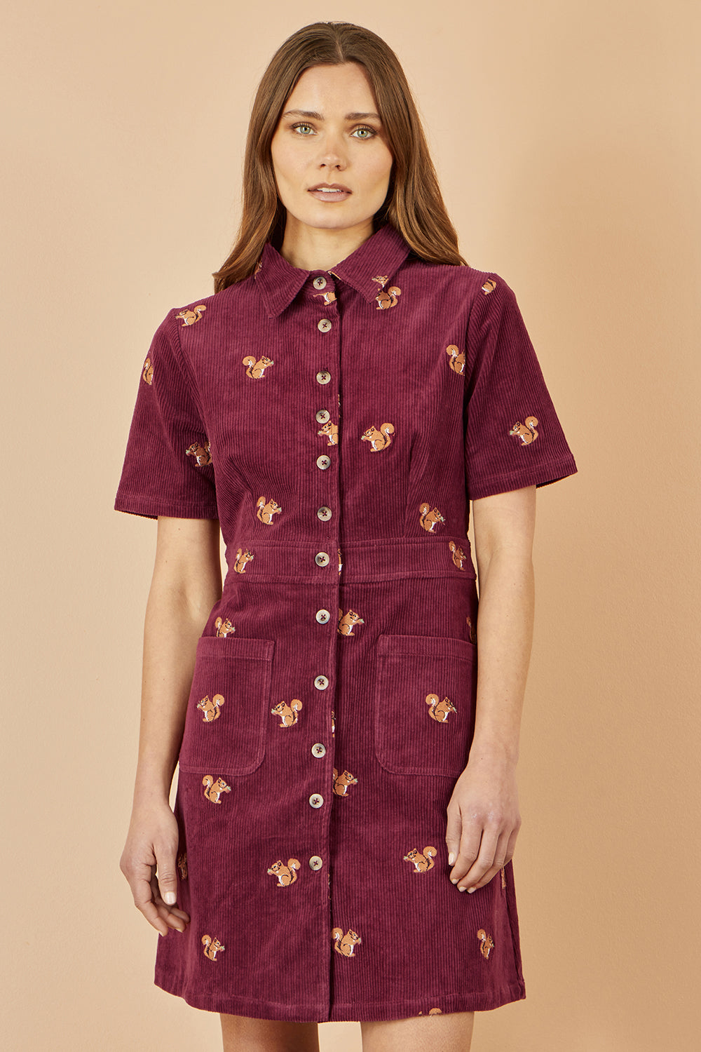 Yumi Burgundy Cord Shirt Dress With All Over Squirrel Embroidery Dress Casual Yumi