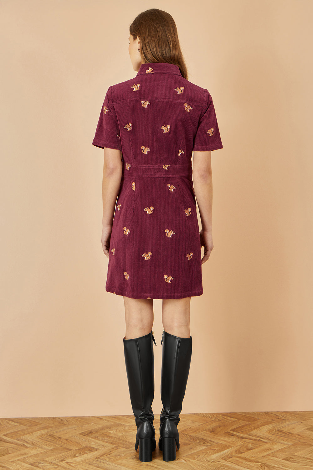 Yumi Burgundy Cord Shirt Dress With All Over Squirrel Embroidery Dress Casual Yumi