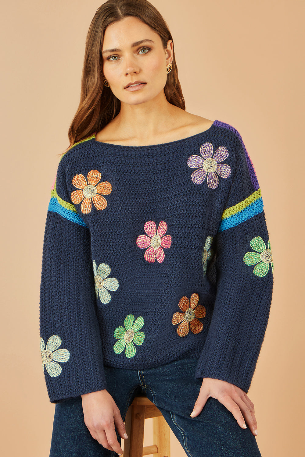 Yumi Navy Crochet Flower Jumper Knit Jumper Yumi