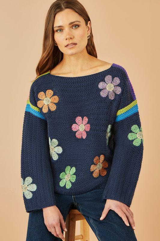 Yumi Navy Crochet Flower Jumper Knit Jumper Yumi