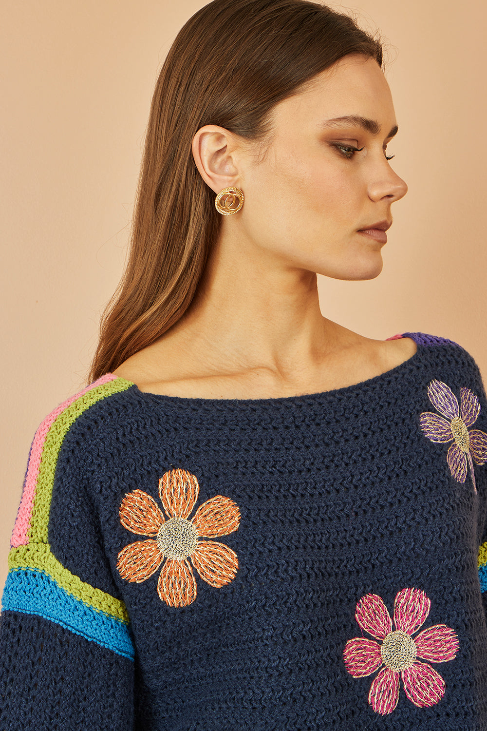 Yumi Navy Crochet Flower Jumper Knit Jumper Yumi