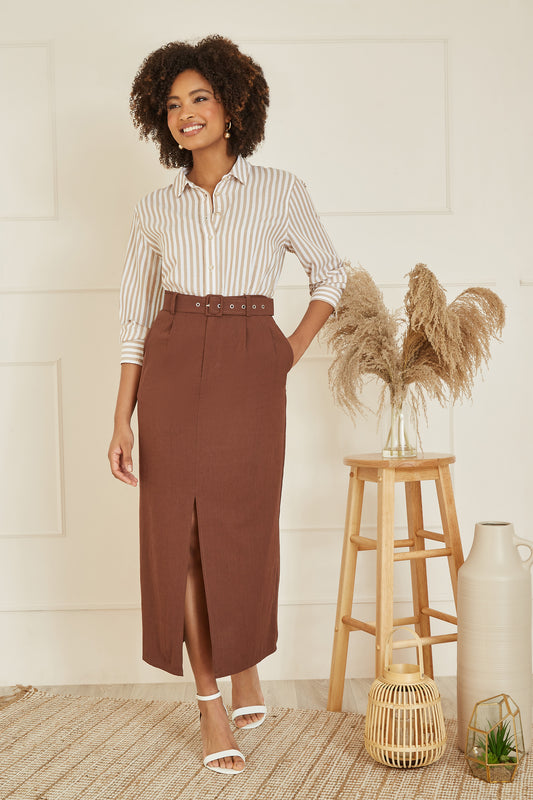 Yumi Brown Cotton Midi Skirt With Belt And Split Hem