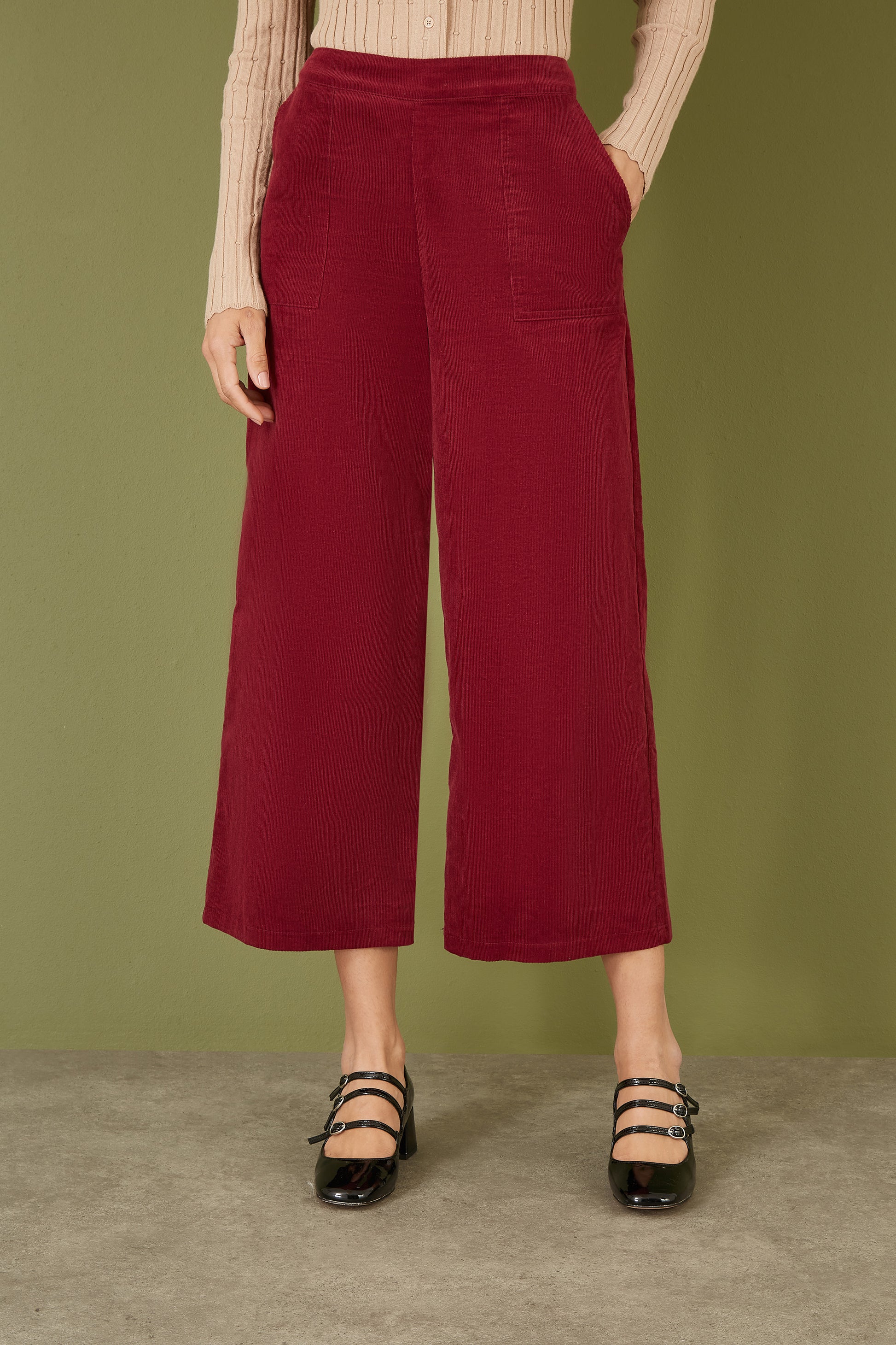 Yumi Burgundy Cord Cropped Wide Leg Trousers With Pockets Yumi