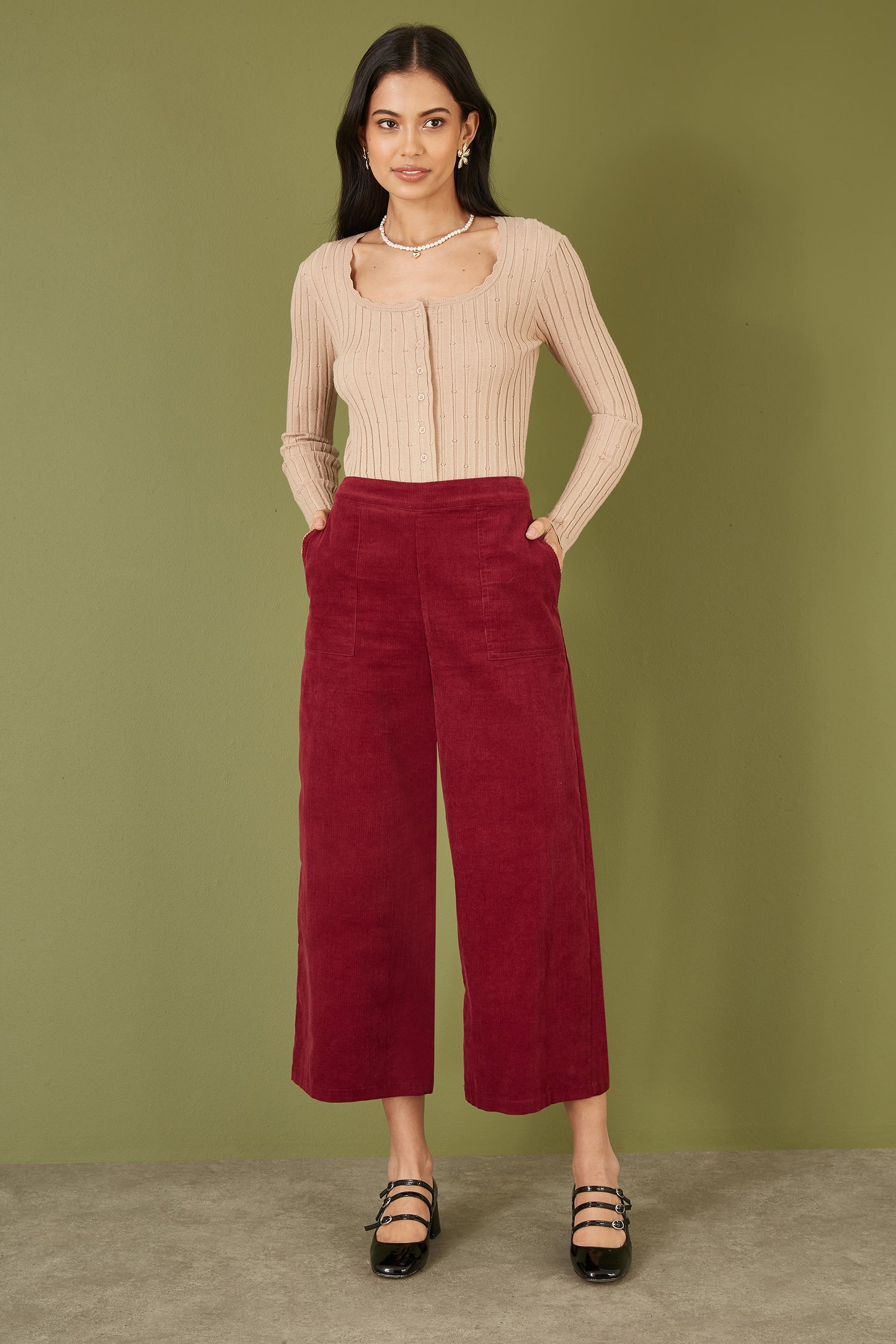 Yumi Burgundy Cord Cropped Wide Leg Trousers With Pockets Yumi