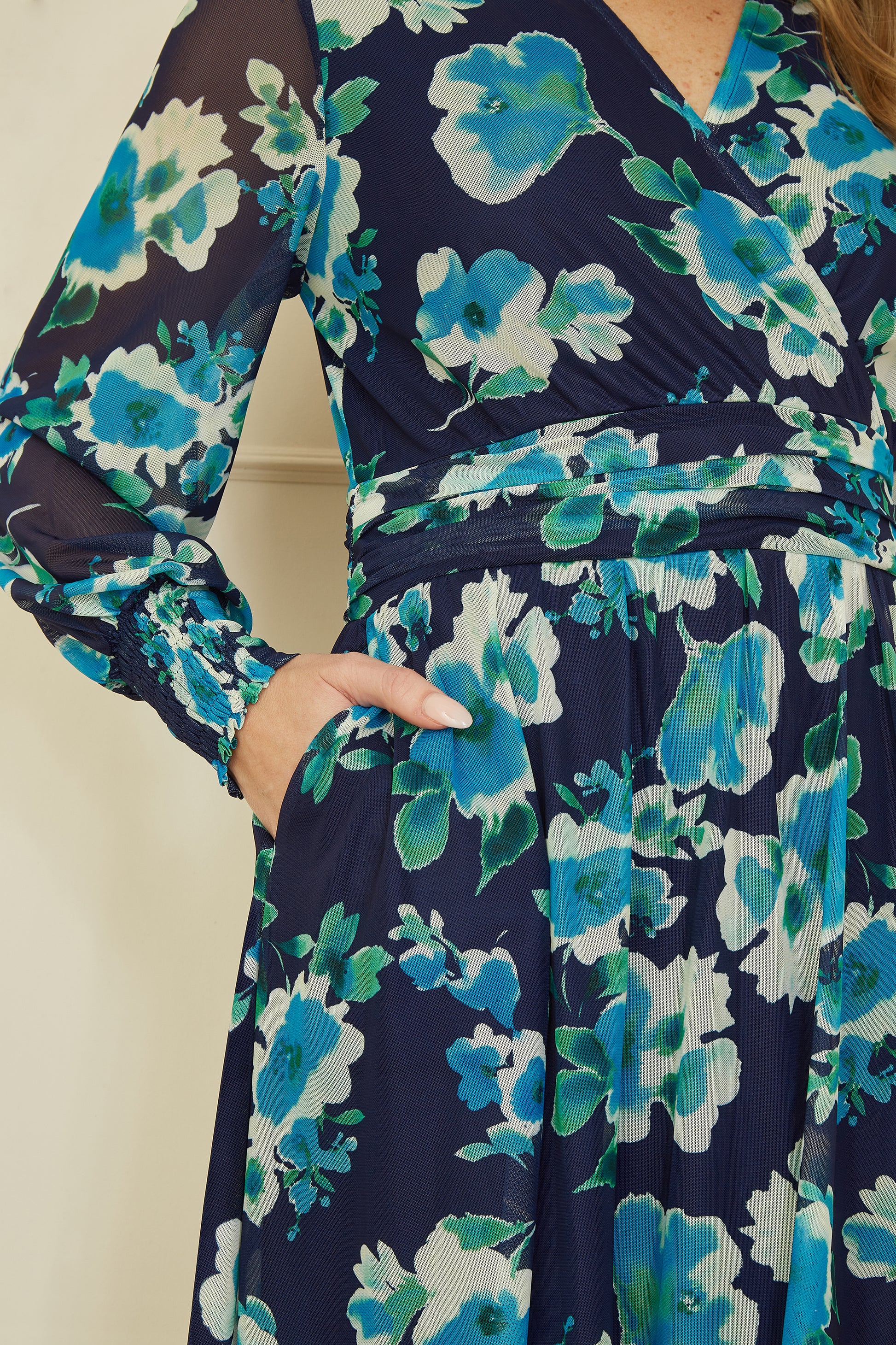 Yumi Blue Floral Mesh Wrap Dress With Long Sleeves Yumi