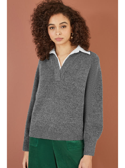 Yumi Grey Knitted Jumper With Collar Detail