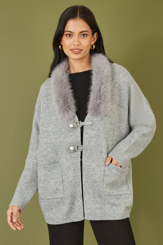 Yumi Grey Cardigan With Detachable Fur Collar Trim Yumi