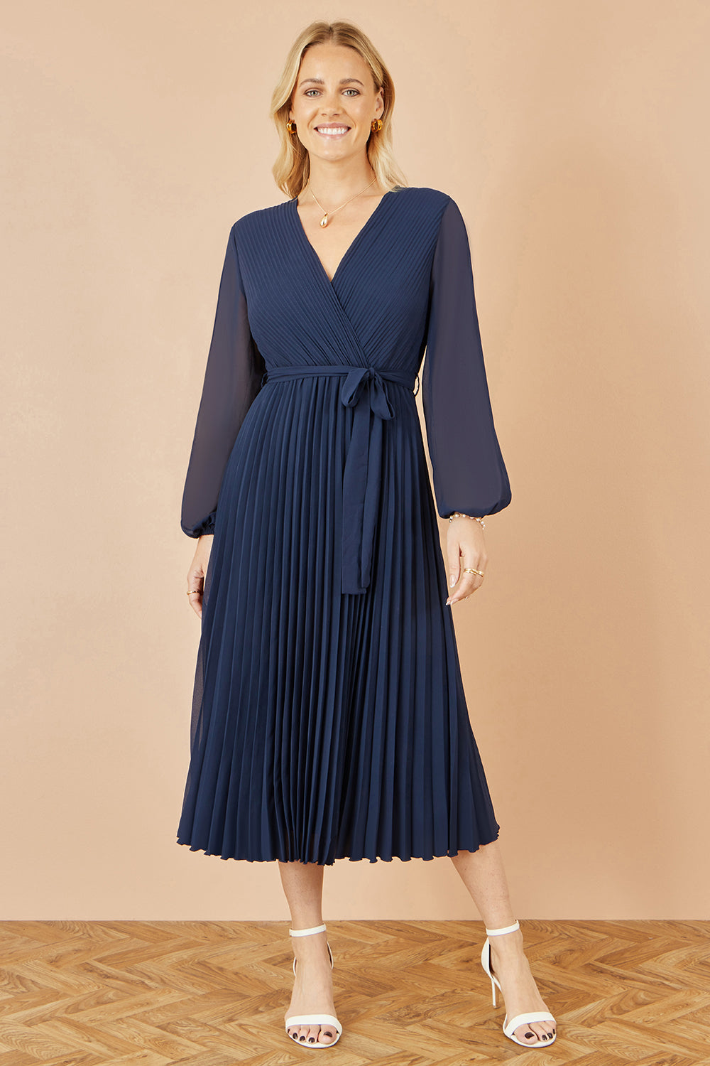 Yumi Navy Pleated Wrap Midi Dress With Sheer Long Sleeves Dress Occasion Yumi