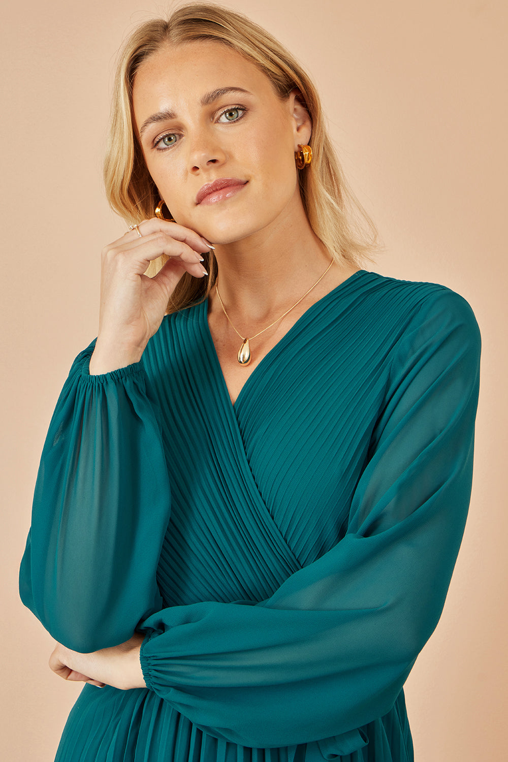 Yumi Teal Pleated Wrap Midi Dress With Sheer Long Sleeves Dress Occasion Yumi