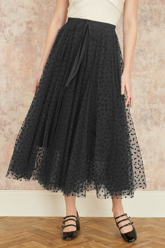Yumi Black Mesh Heart Print Tulle Skirt Yumi
