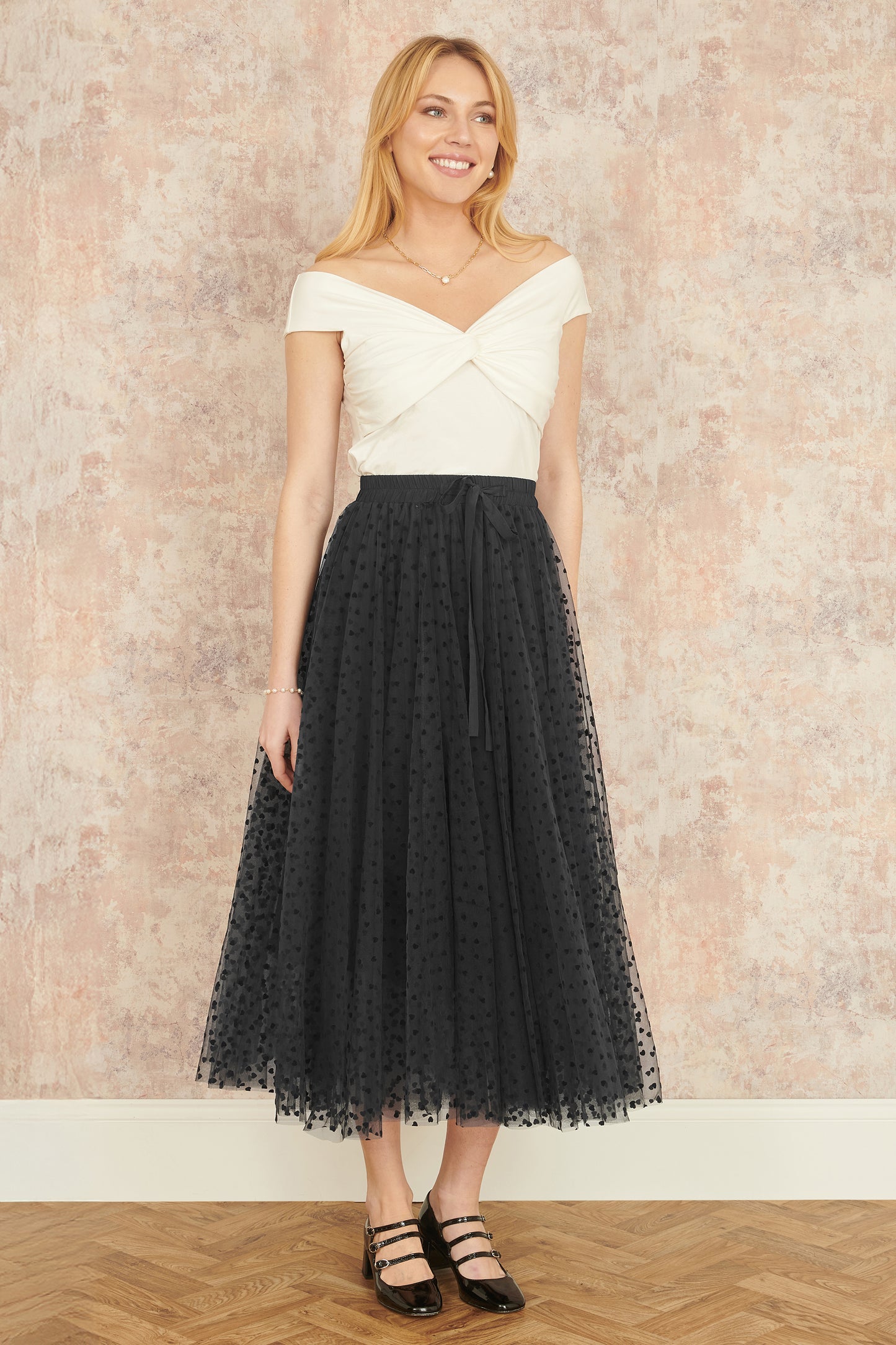 Yumi Black Mesh Heart Print Tulle Skirt Yumi