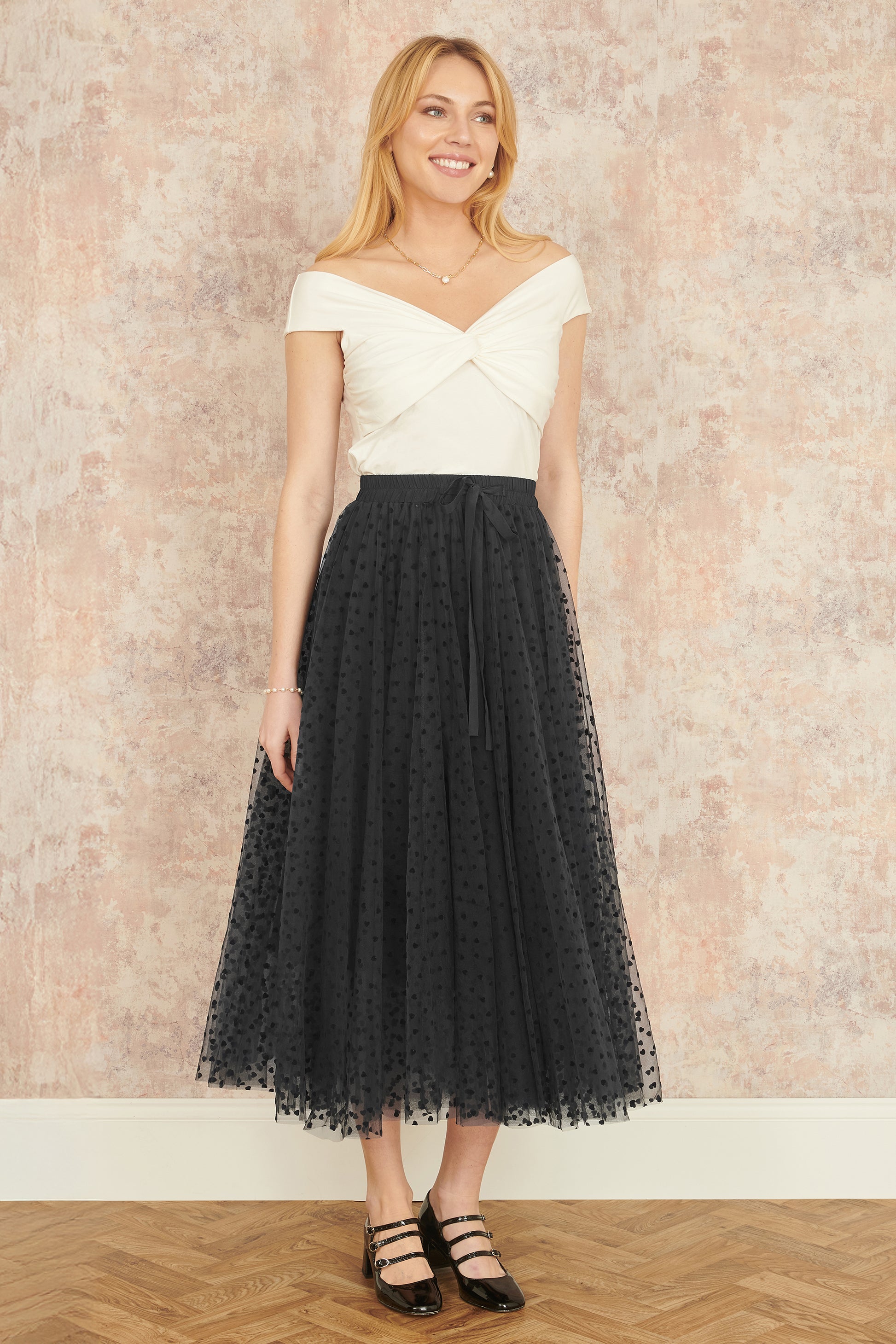 Yumi Black Mesh Heart Print Tulle Skirt Yumi
