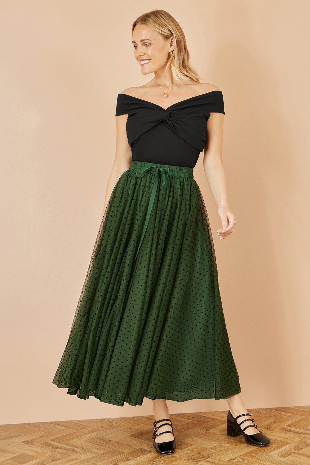 Yumi Green Mesh Heart Print Tulle Skirt Skirts Yumi