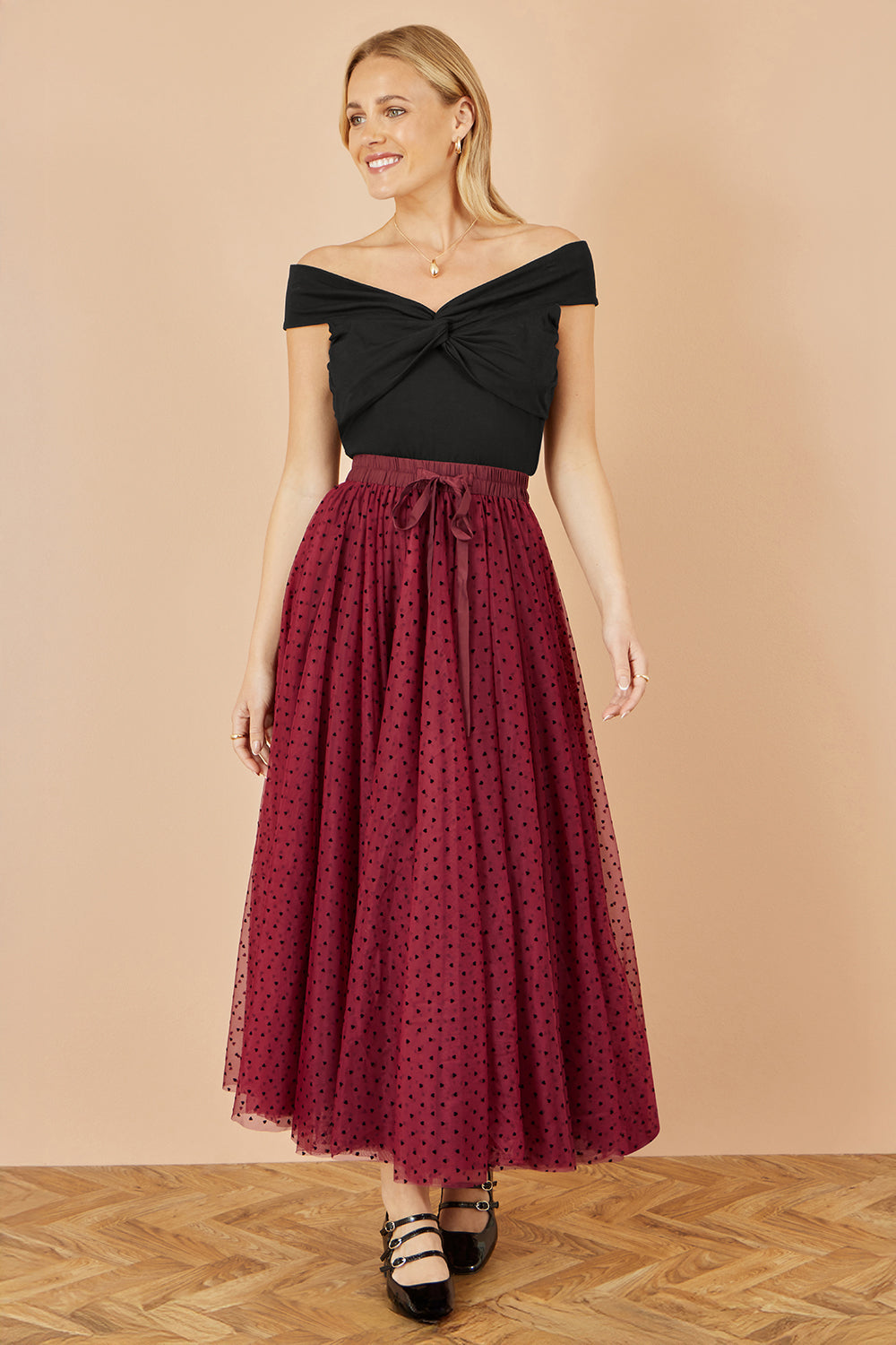 Yumi Burgundy Mesh Heart Print Tulle Skirt Skirts Yumi