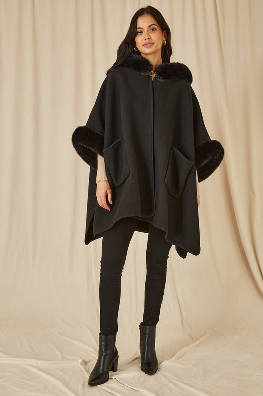 Yumi Black Cape With Luxe Fur Trim And Lining Yumi