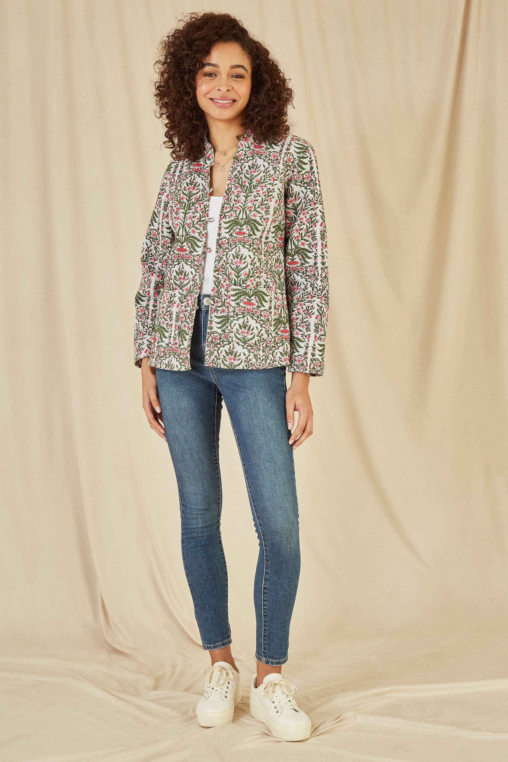Yumi Pink Floral Print Reversible Cotton Quilted Jacket Yumi