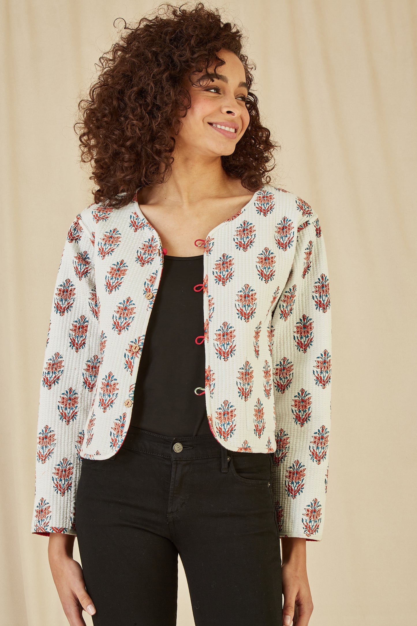 Yumi Red Animal Print Reversible Cotton Cropped Quilted Jacket Yumi