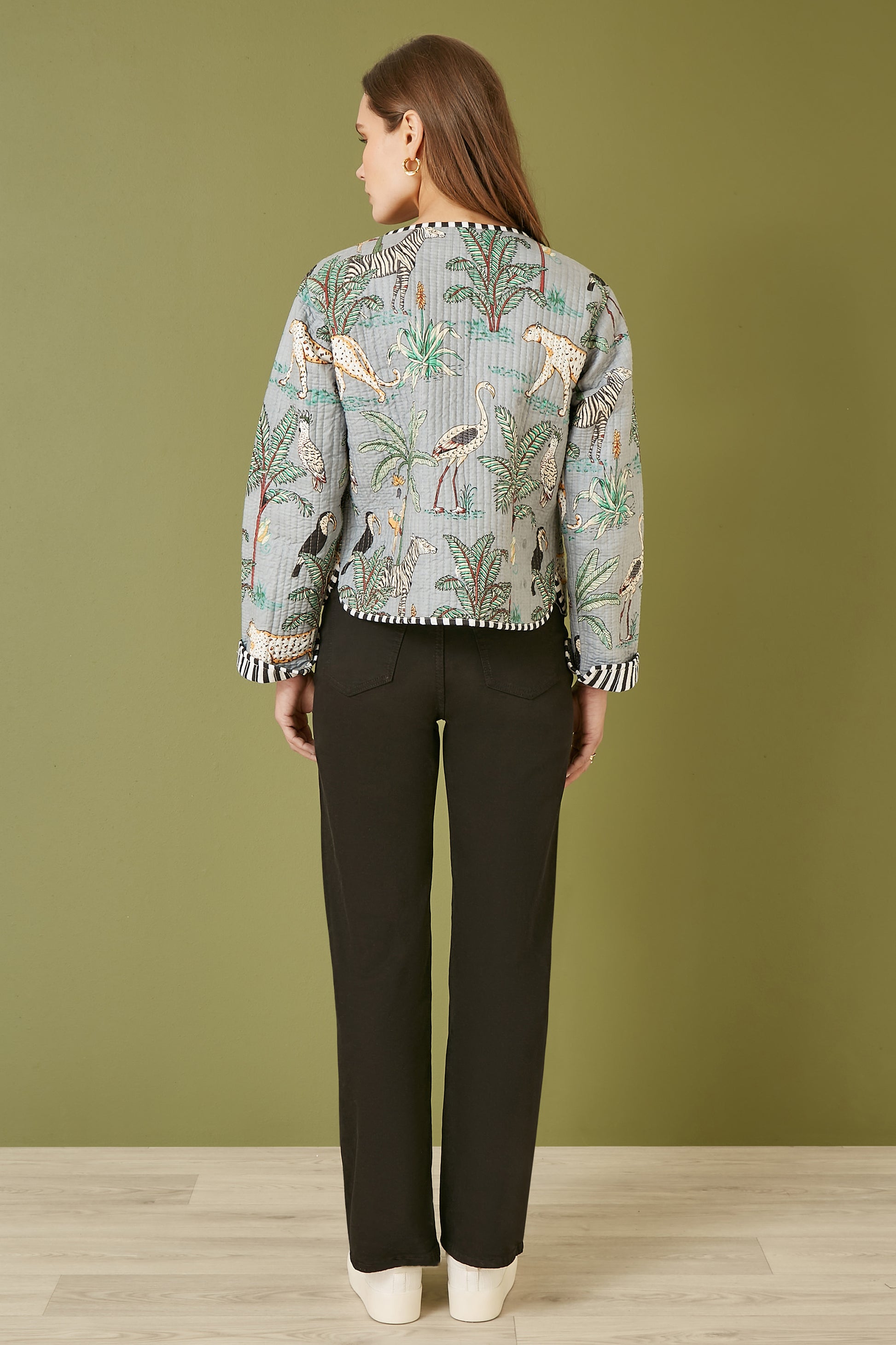 Yumi Grey Animal Print Reversible Cotton Cropped Quilted Jacket Yumi