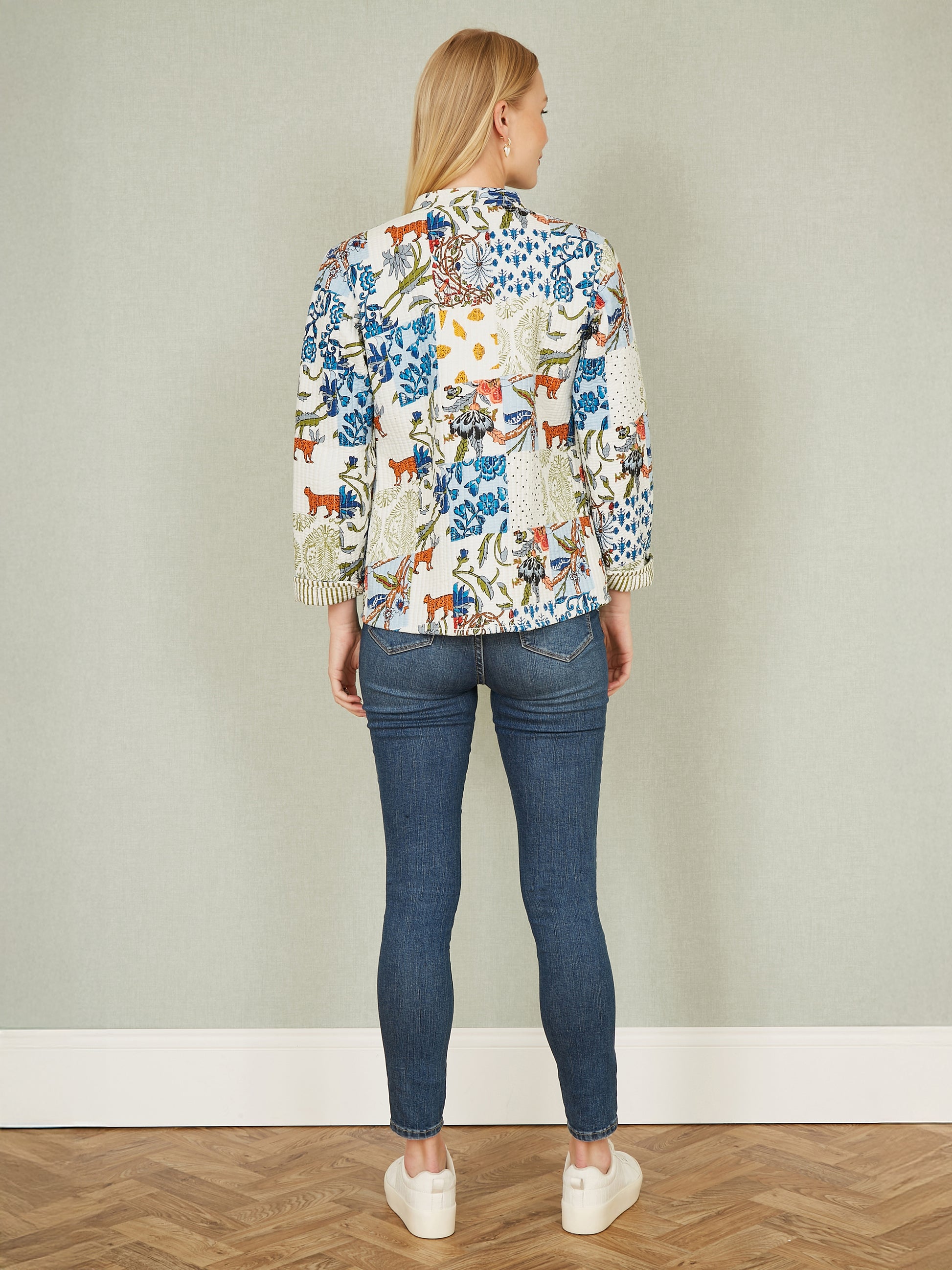 Yumi White Patchwork Print Reversible Cotton Quilted Jacket Yumi