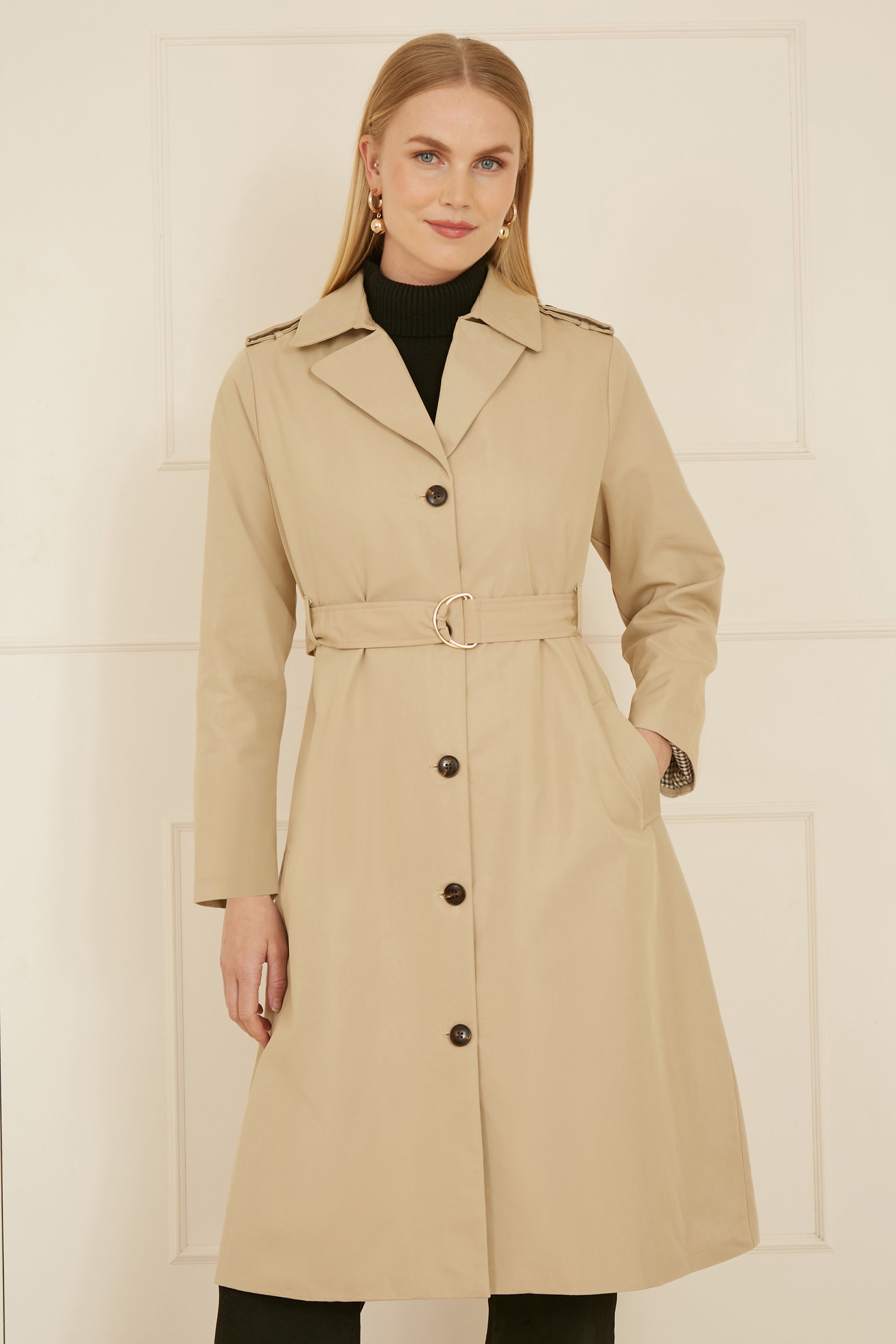 Yumi Beige Belted Long Trench Coat With Belt Yumi