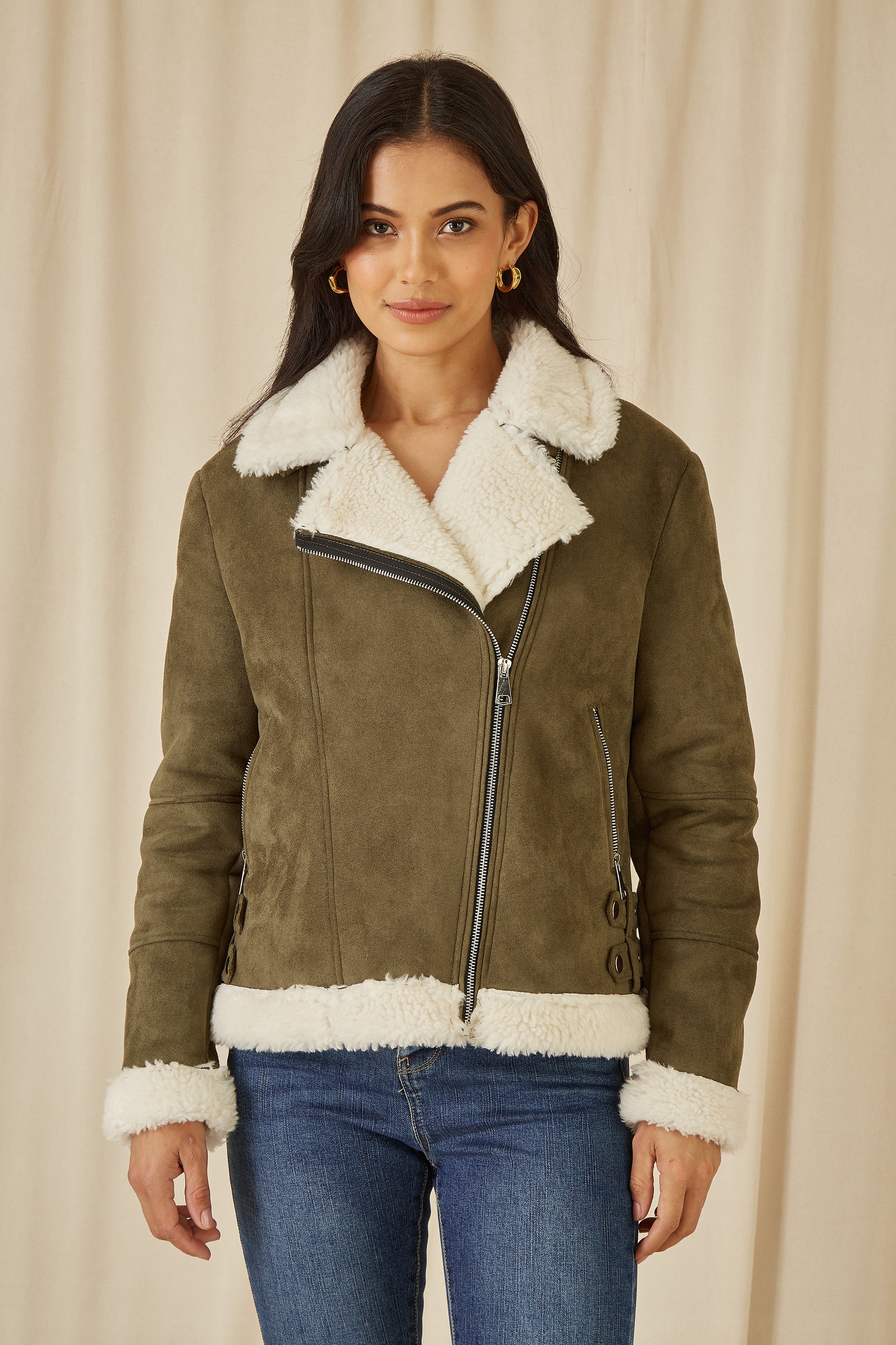 Yumi Green Faux Suede And Shearling Biker Jacket Yumi