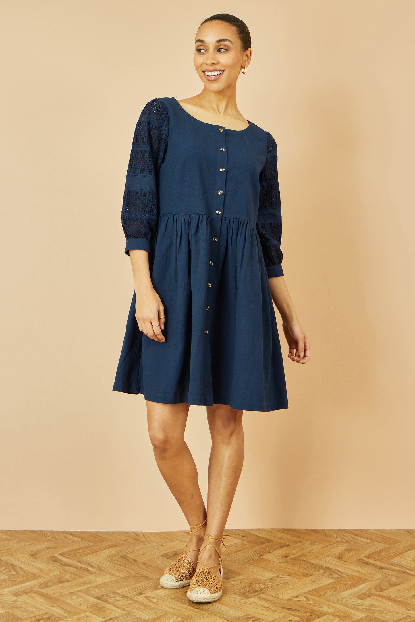 Yumi Navy Cotton Tunic With Broderie Anglaise Puff Sleeves DRES Day Yumi