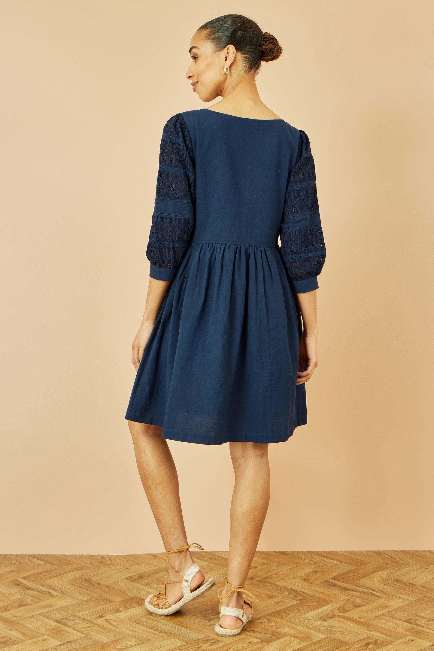 Yumi Navy Cotton Tunic With Broderie Anglaise Puff Sleeves DRES Day Yumi