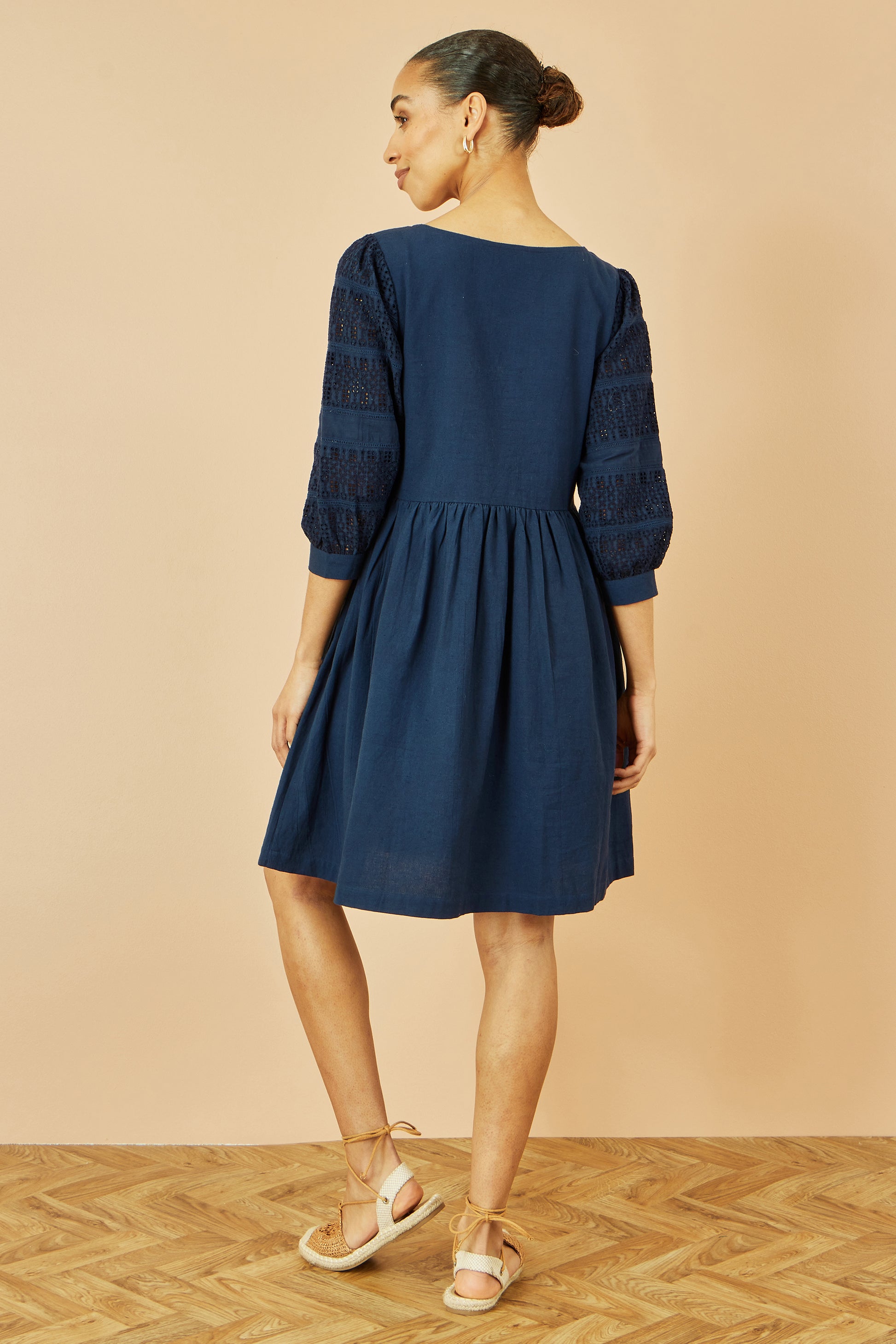 Yumi Navy Cotton Tunic With Broderie Anglaise Puff Sleeves DRES Day Yumi