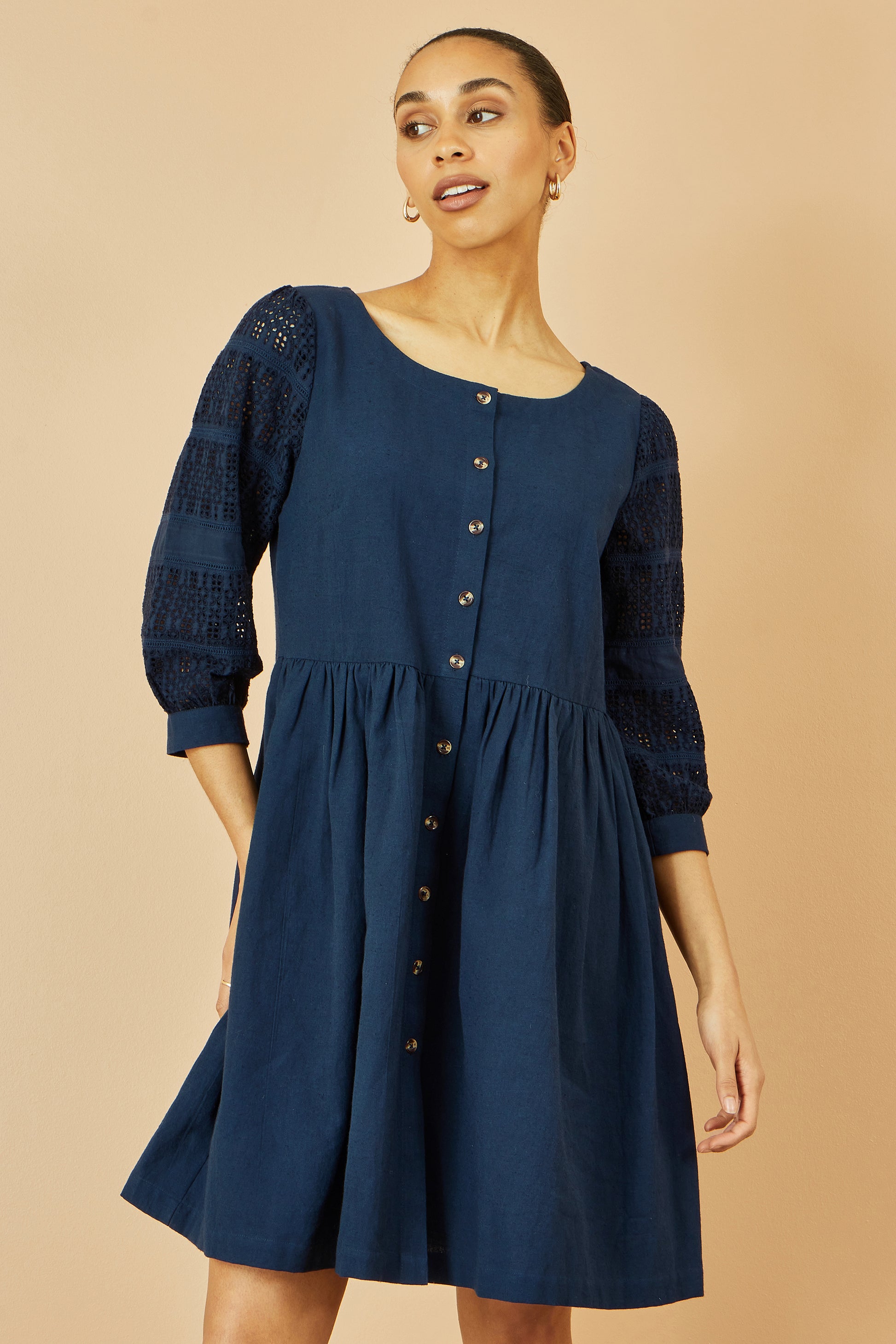 Yumi Navy Cotton Tunic With Broderie Anglaise Puff Sleeves DRES Day Yumi