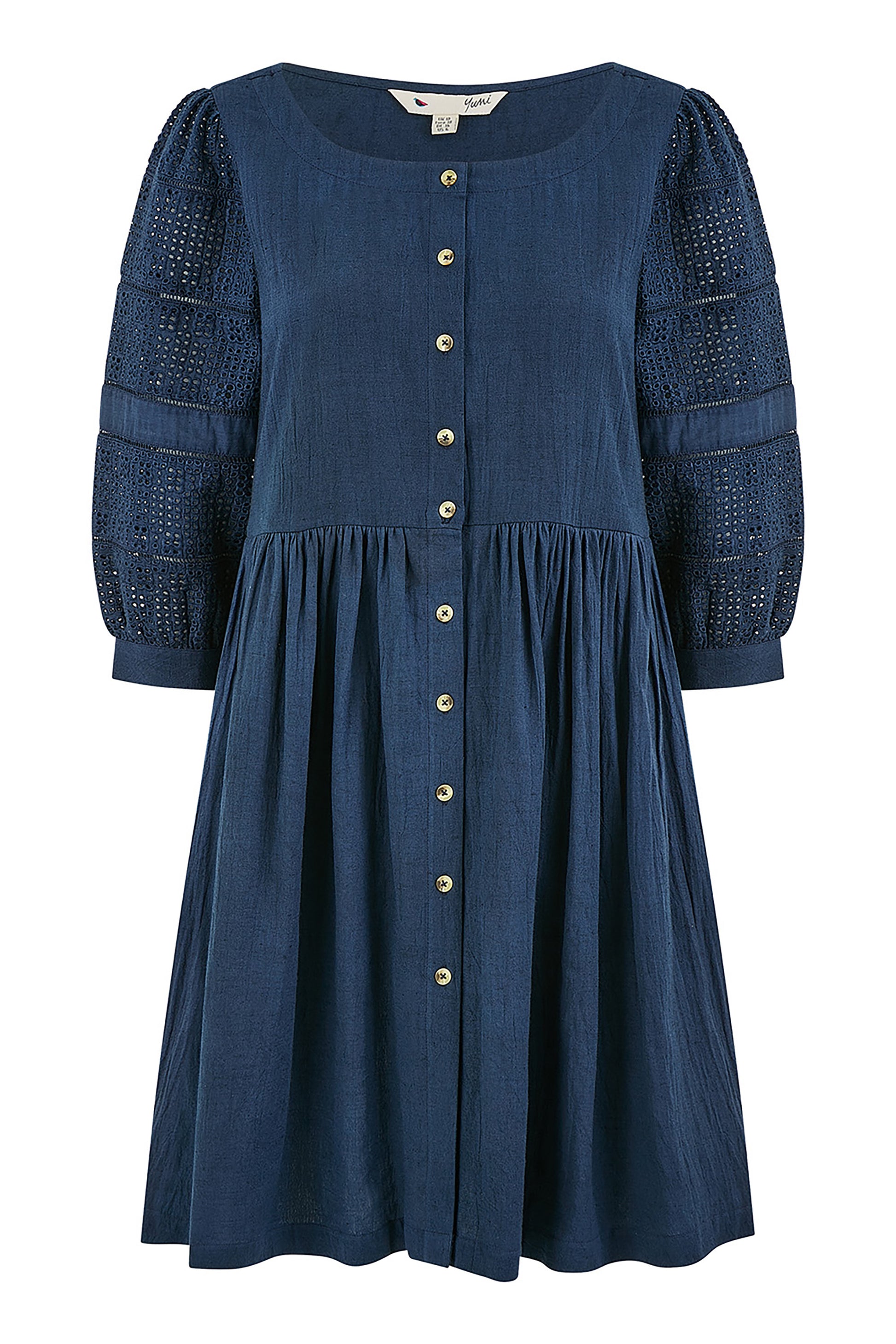 Yumi Navy Cotton Tunic With Broderie Anglaise Puff Sleeves DRES Day Yumi