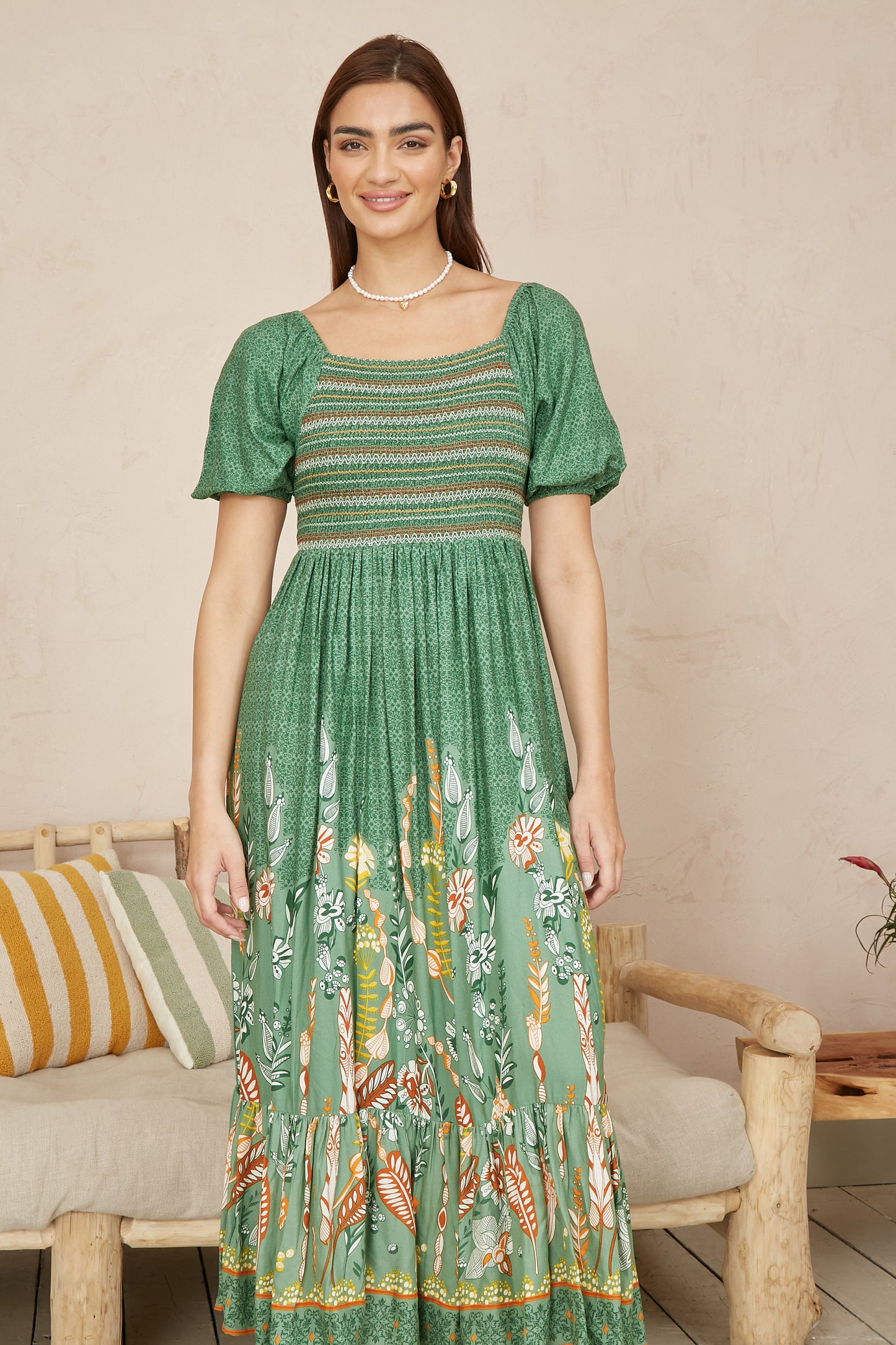 Yumi Green Ruched Leaf Print Maxi Dress With Puff Sleeves DRES Day Yumi