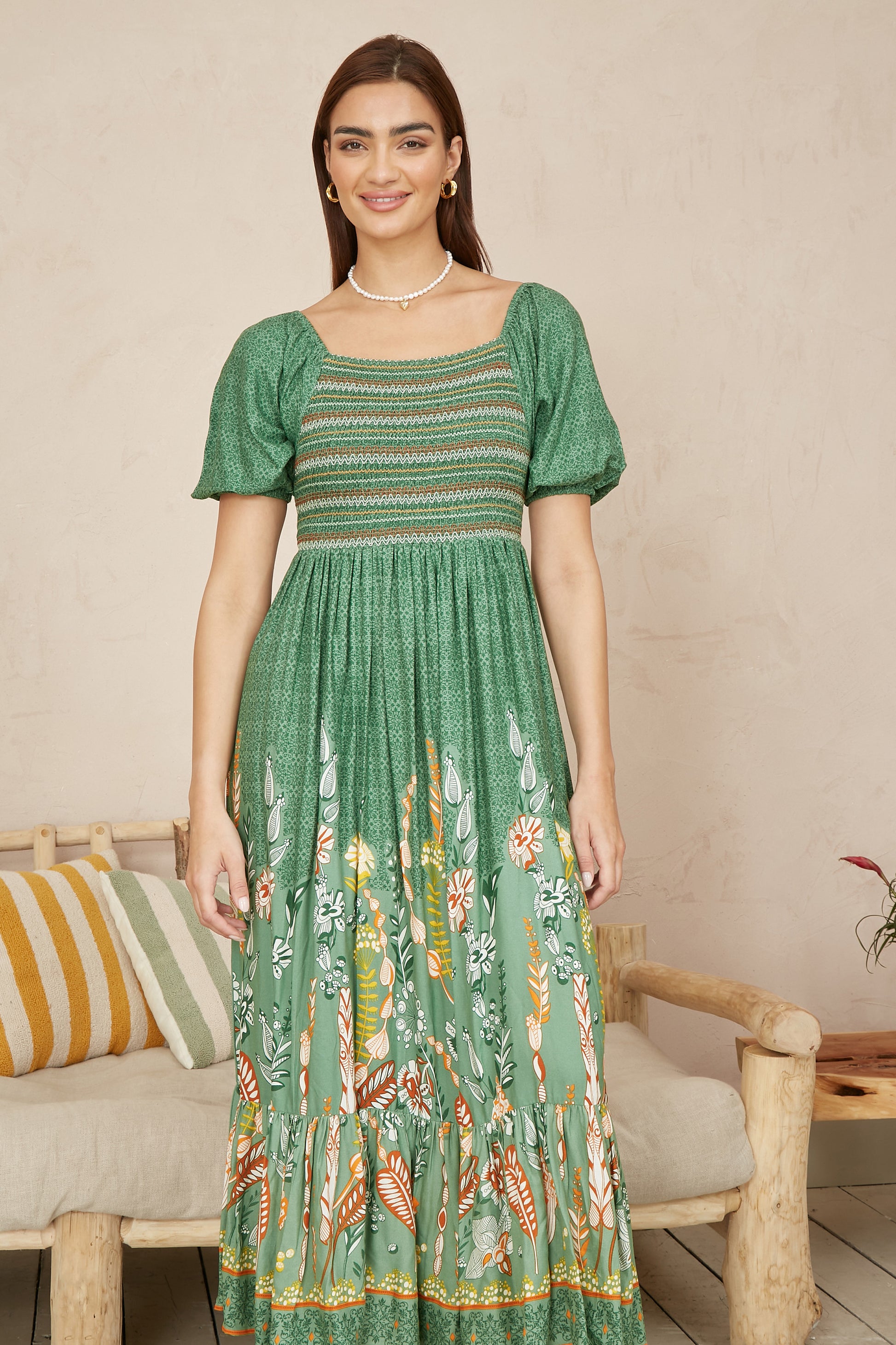 Yumi Green Ruched Leaf Print Maxi Dress With Puff Sleeves DRES Day Yumi