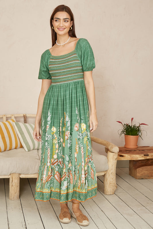 Yumi Green Ruched Leaf Print Maxi Dress With Puff Sleeves DRES Day Yumi