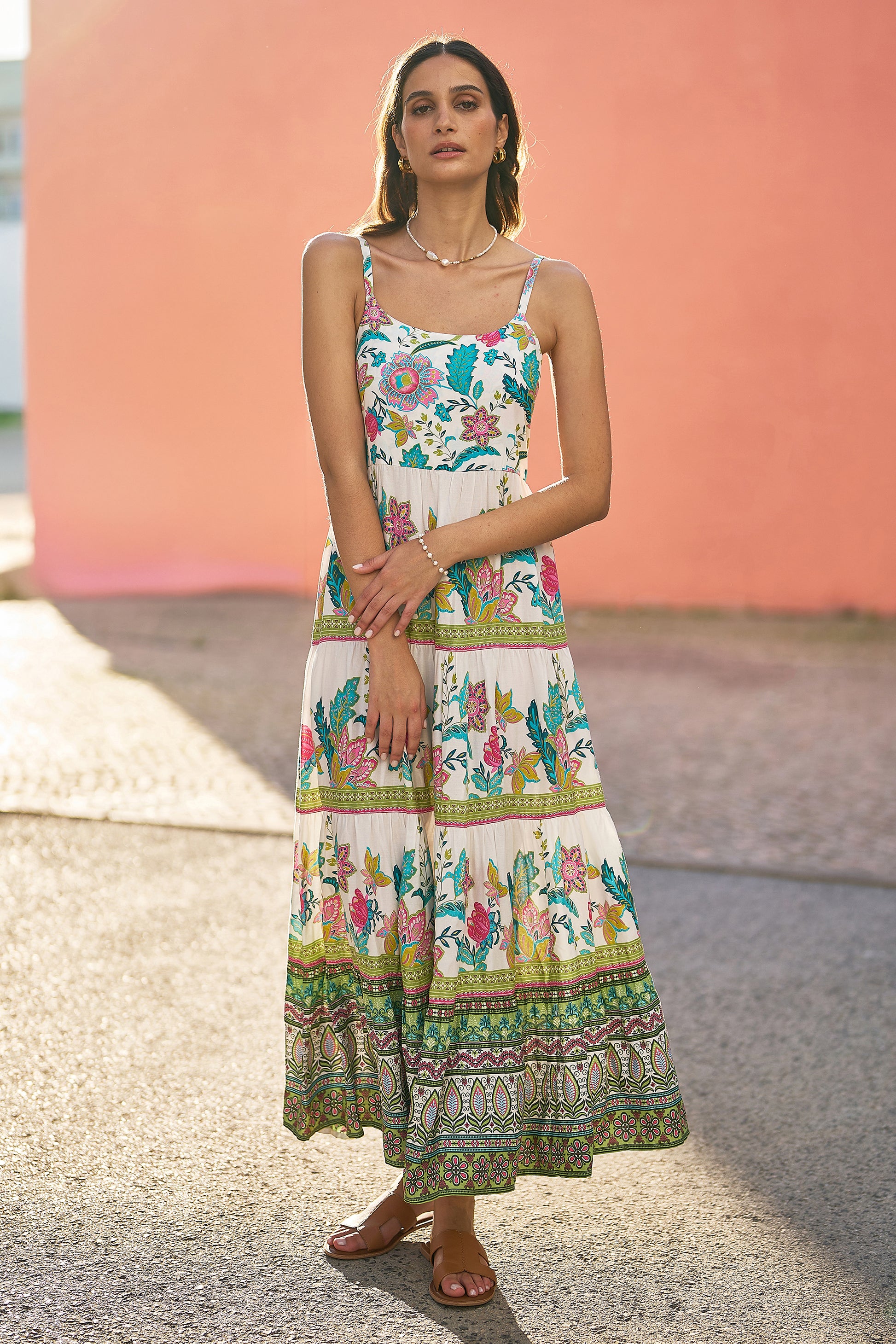 Yumi White Floral Block Print Tiered Maxi Sun Dress Beachwear Yumi