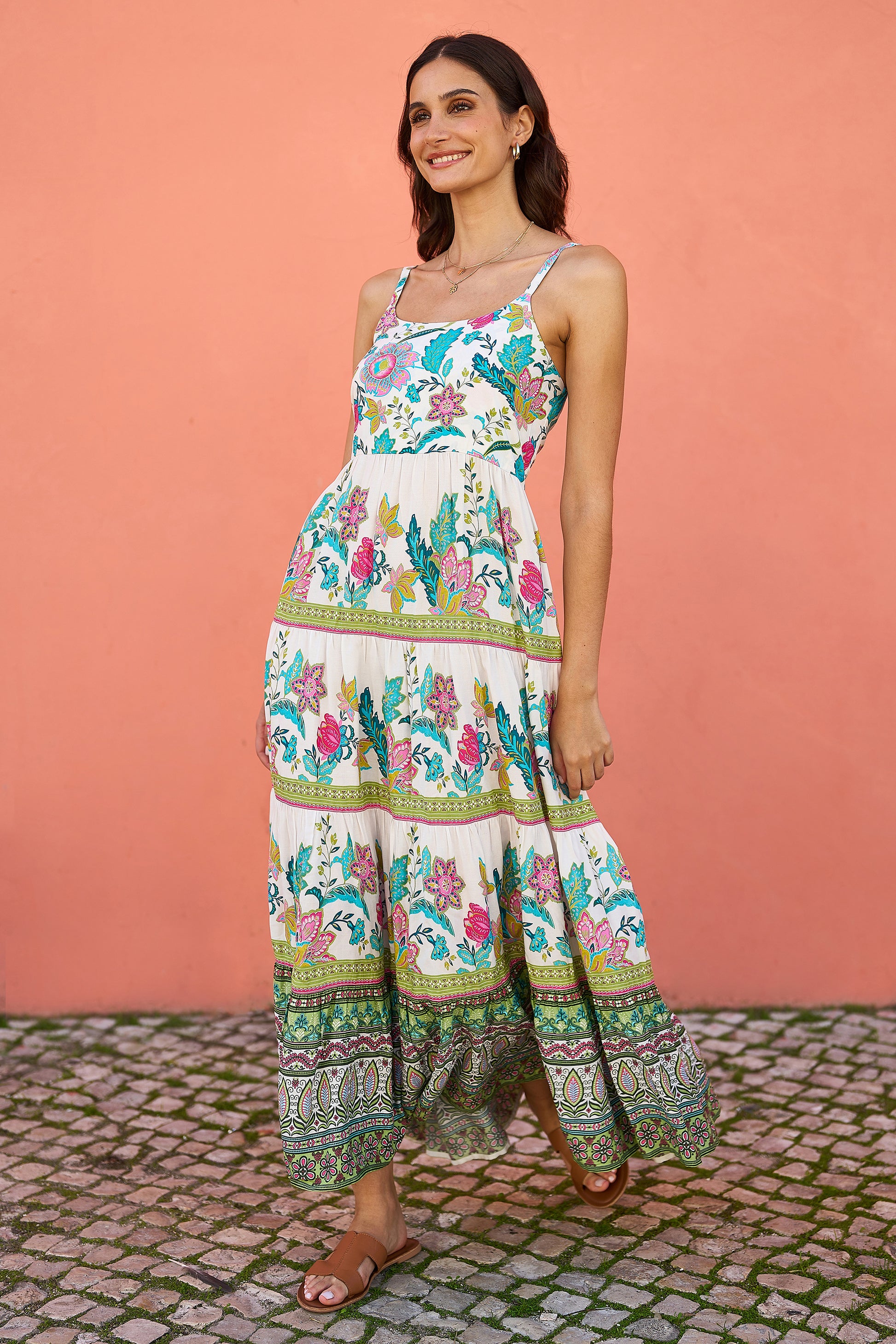 Yumi White Floral Block Print Tiered Maxi Sun Dress Beachwear Yumi