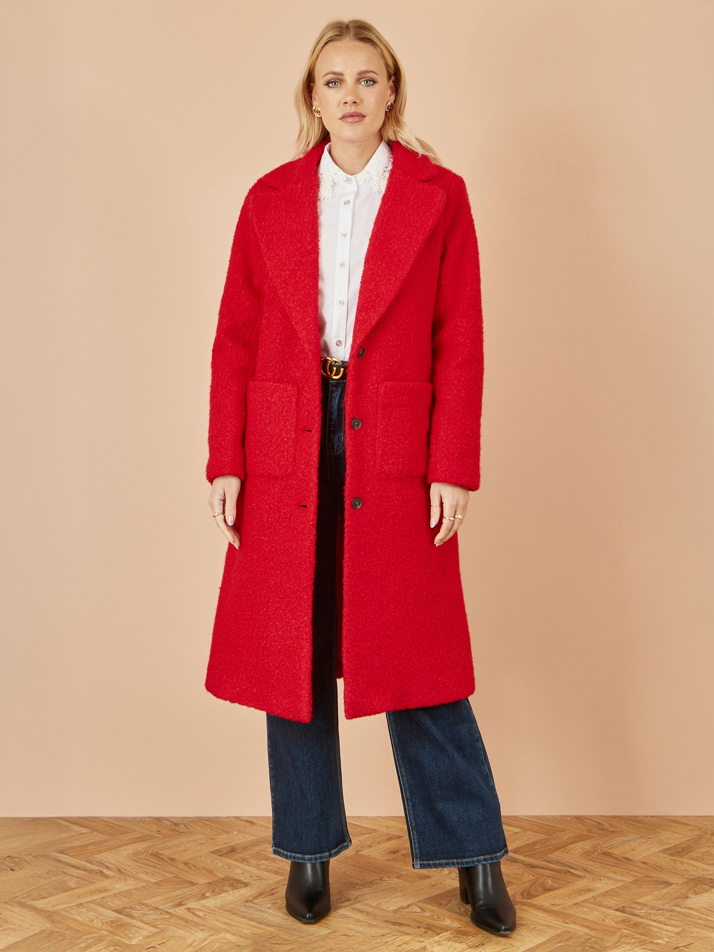 Yumi Red Boucle Long Line Coat COAT Yumi