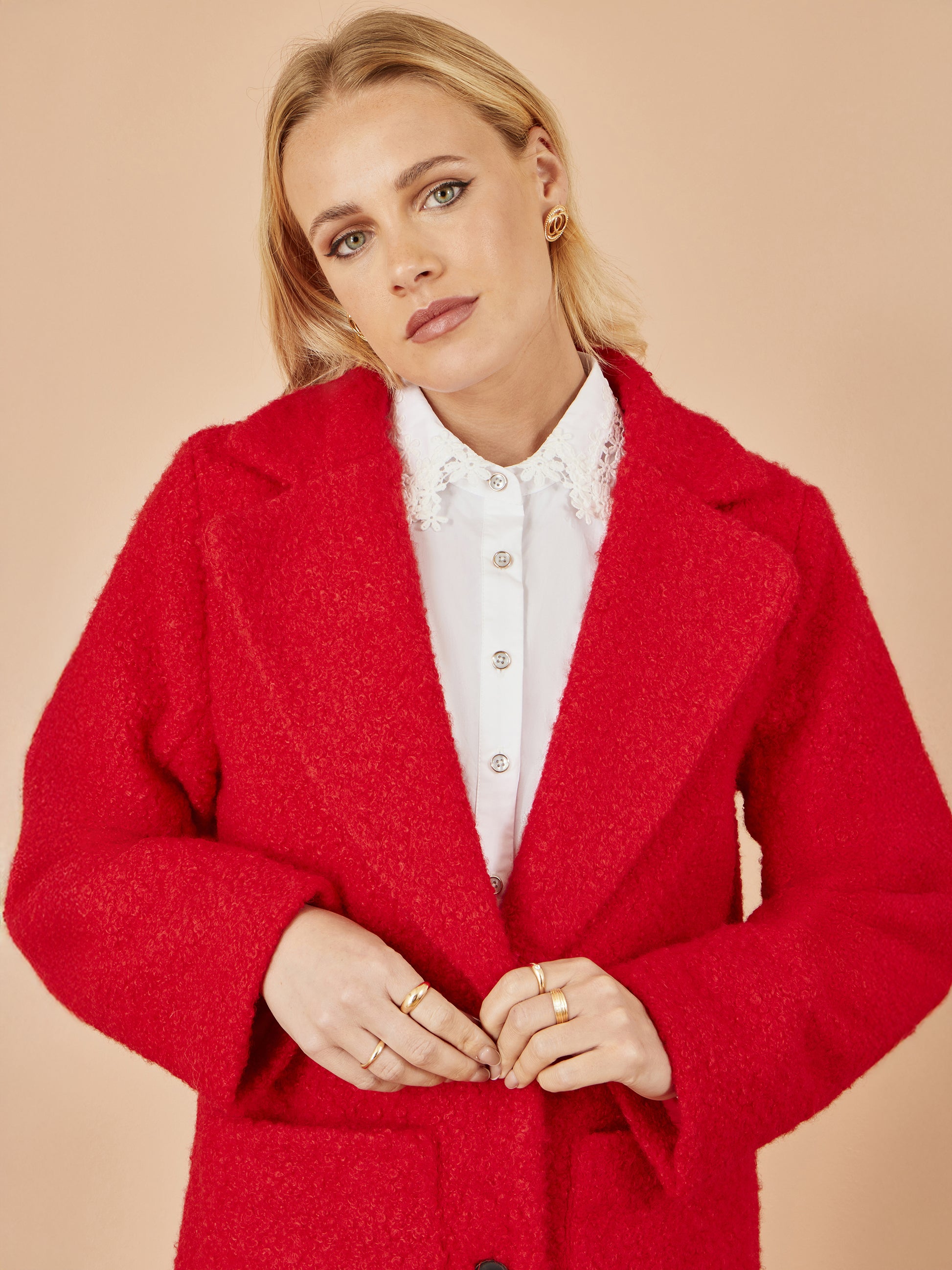 Yumi Red Boucle Long Line Coat COAT Yumi