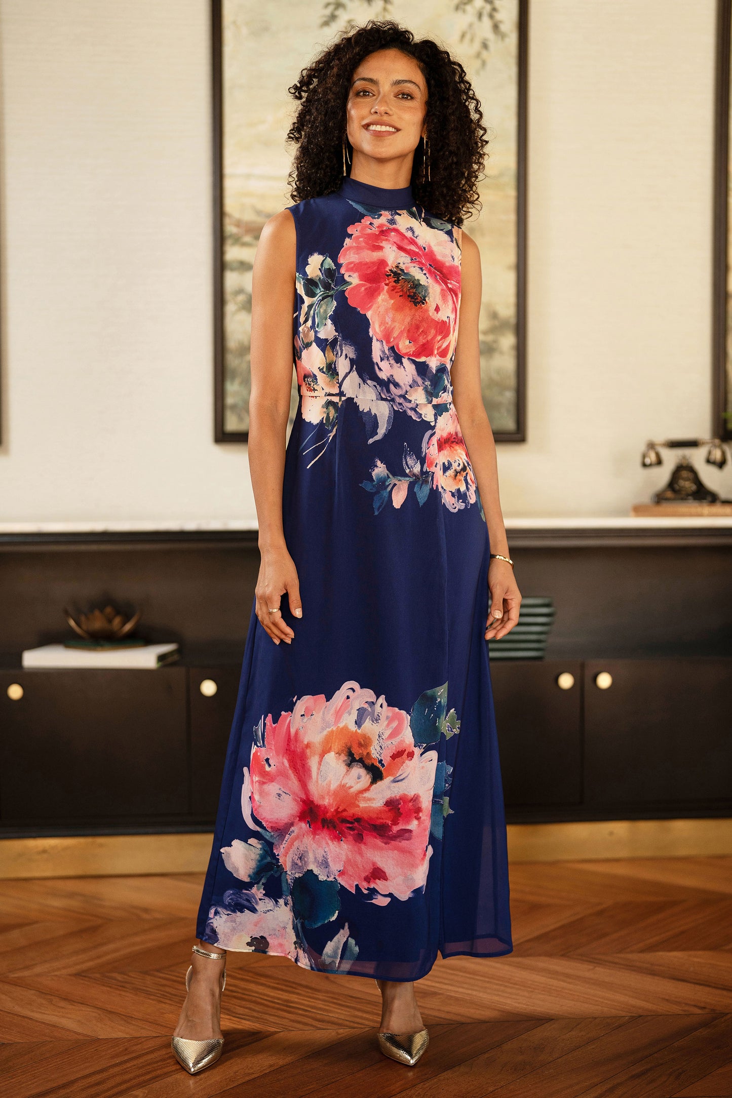 Yumi Navy Flower Halter Neck Maxi Dress Dress Occasion Yumi