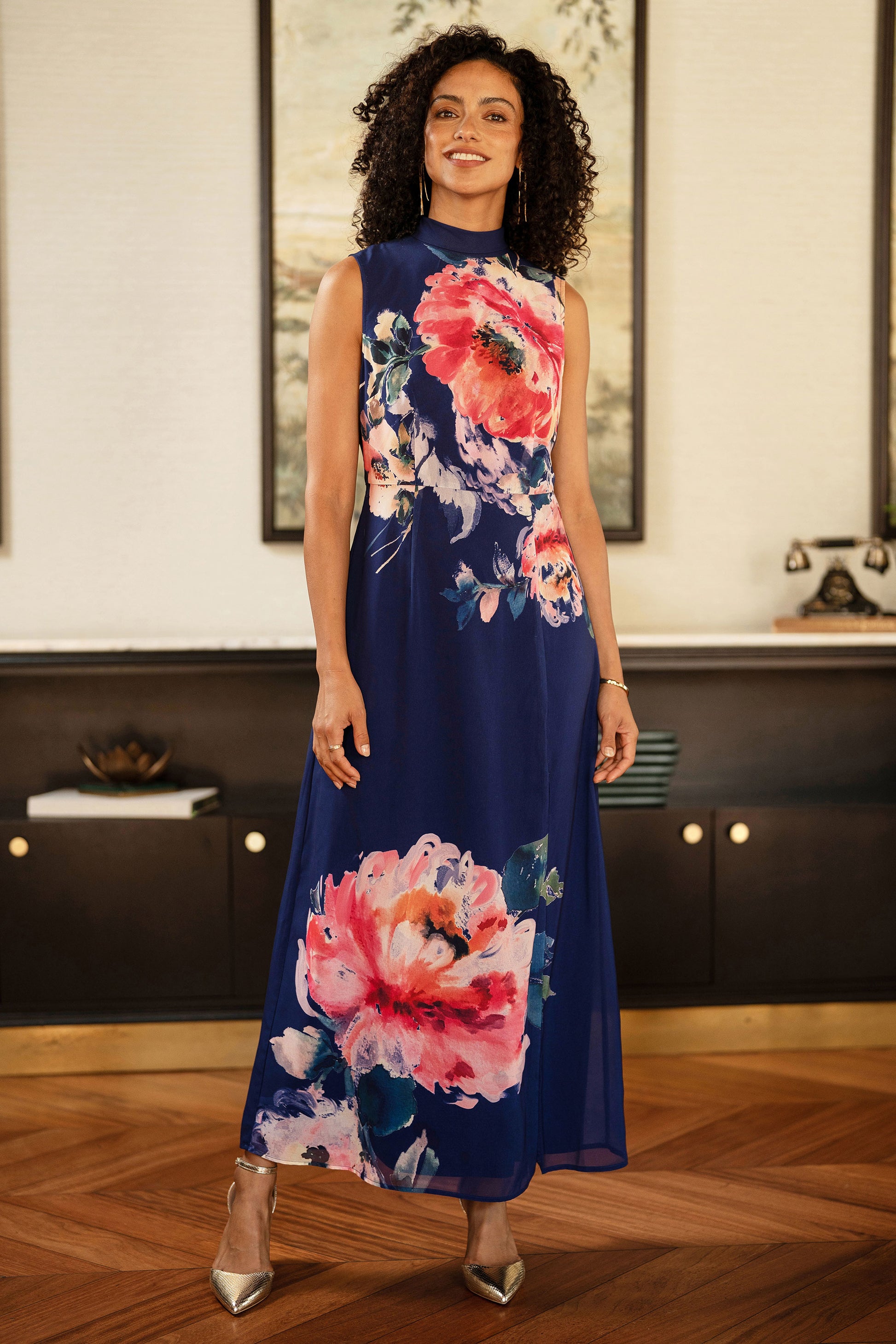 Yumi Navy Flower Halter Neck Maxi Dress Dress Occasion Yumi