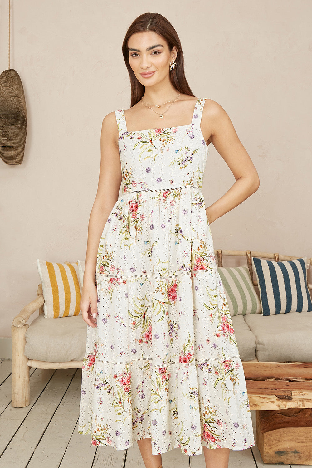 Yumi White Floral Broderie Anglaise Midi Sun Dress DRES Day Yumi