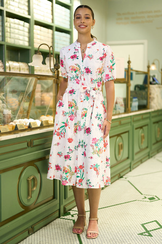 Yumi White Floral Print Cotton Broderie Anglaise Midi Shirt Dress Beachwear Yumi